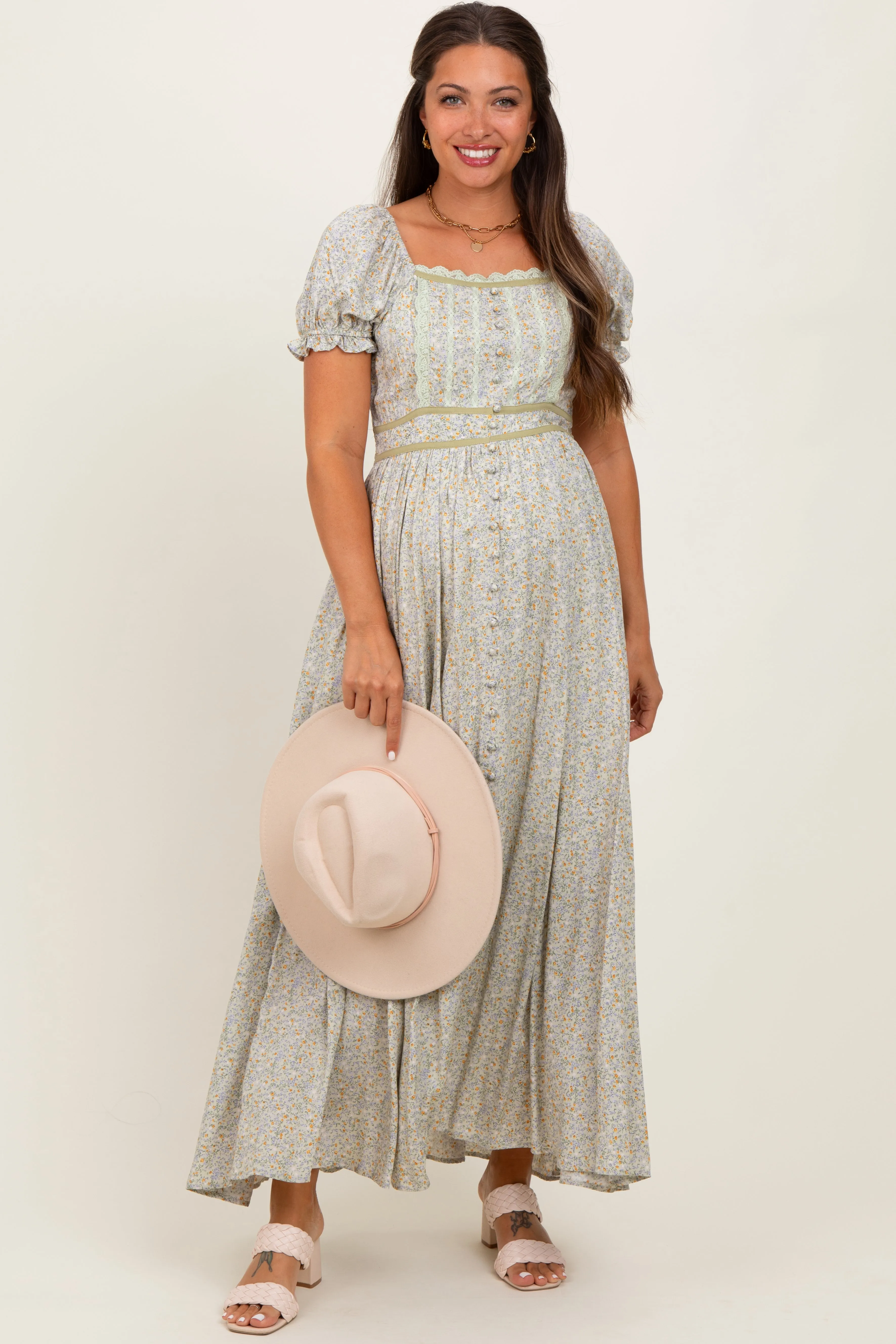 Light Olive Floral Lace Trim Maternity Maxi Dress sold by Pinkblush
