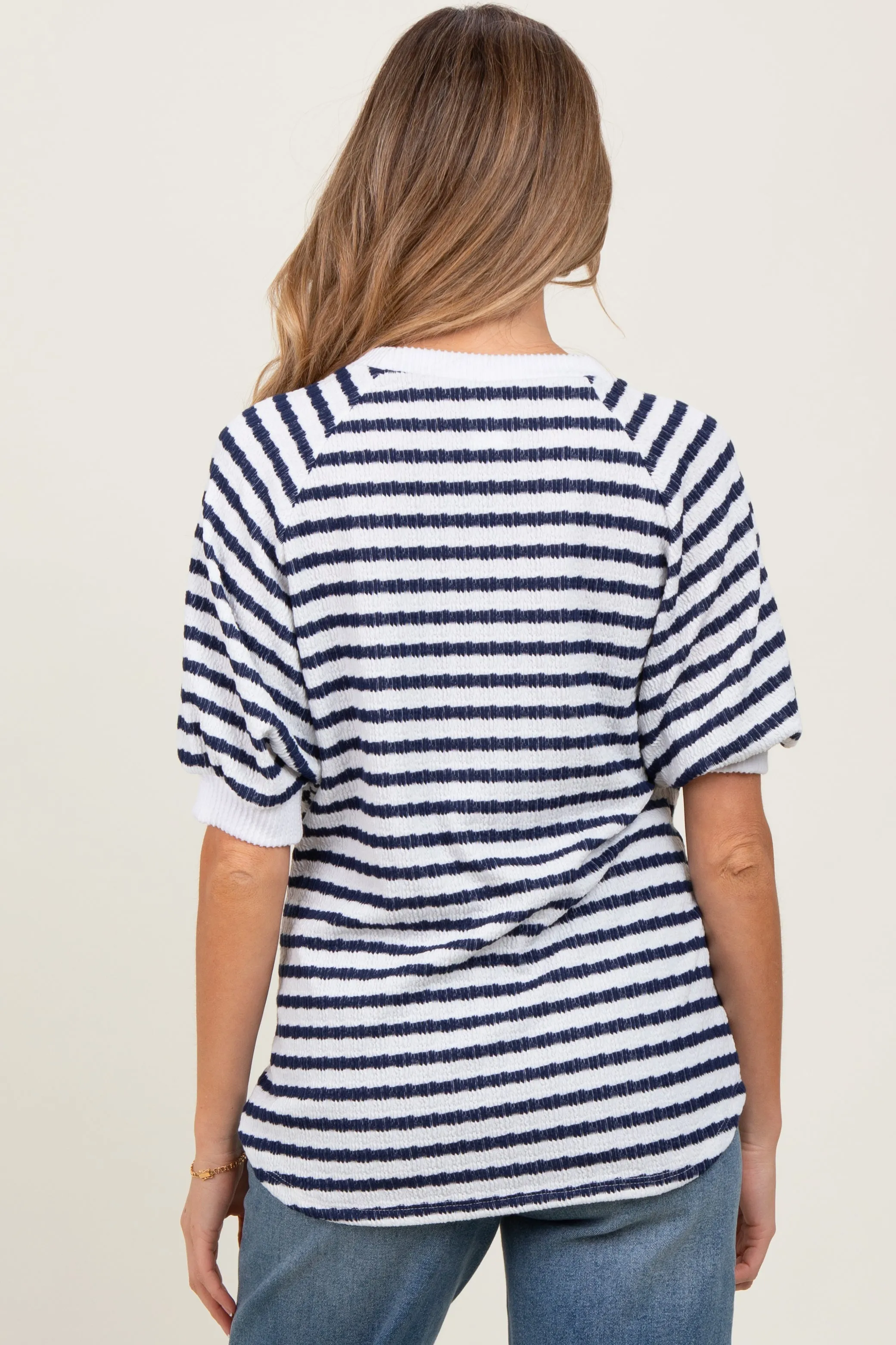 Navy Striped Textured Short Sleeve Maternity Top sold by Pinkblush product image thumbnail 2