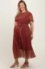 Rust Printed Sash Tie Pleated Maternity Plus Midi Dress sold by Pinkblush