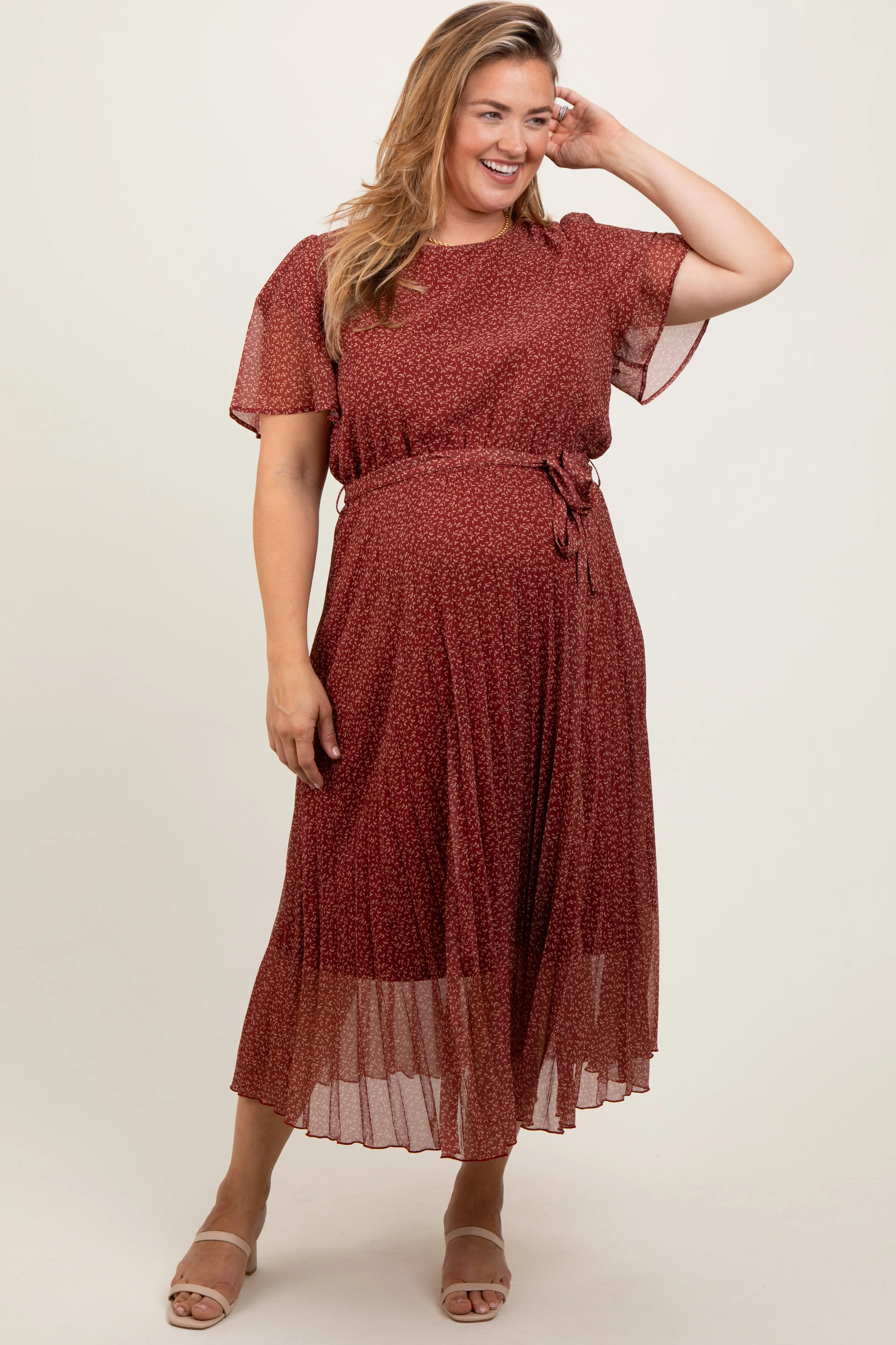 Rust Printed Sash Tie Pleated Maternity Plus Midi Dress sold by Pinkblush