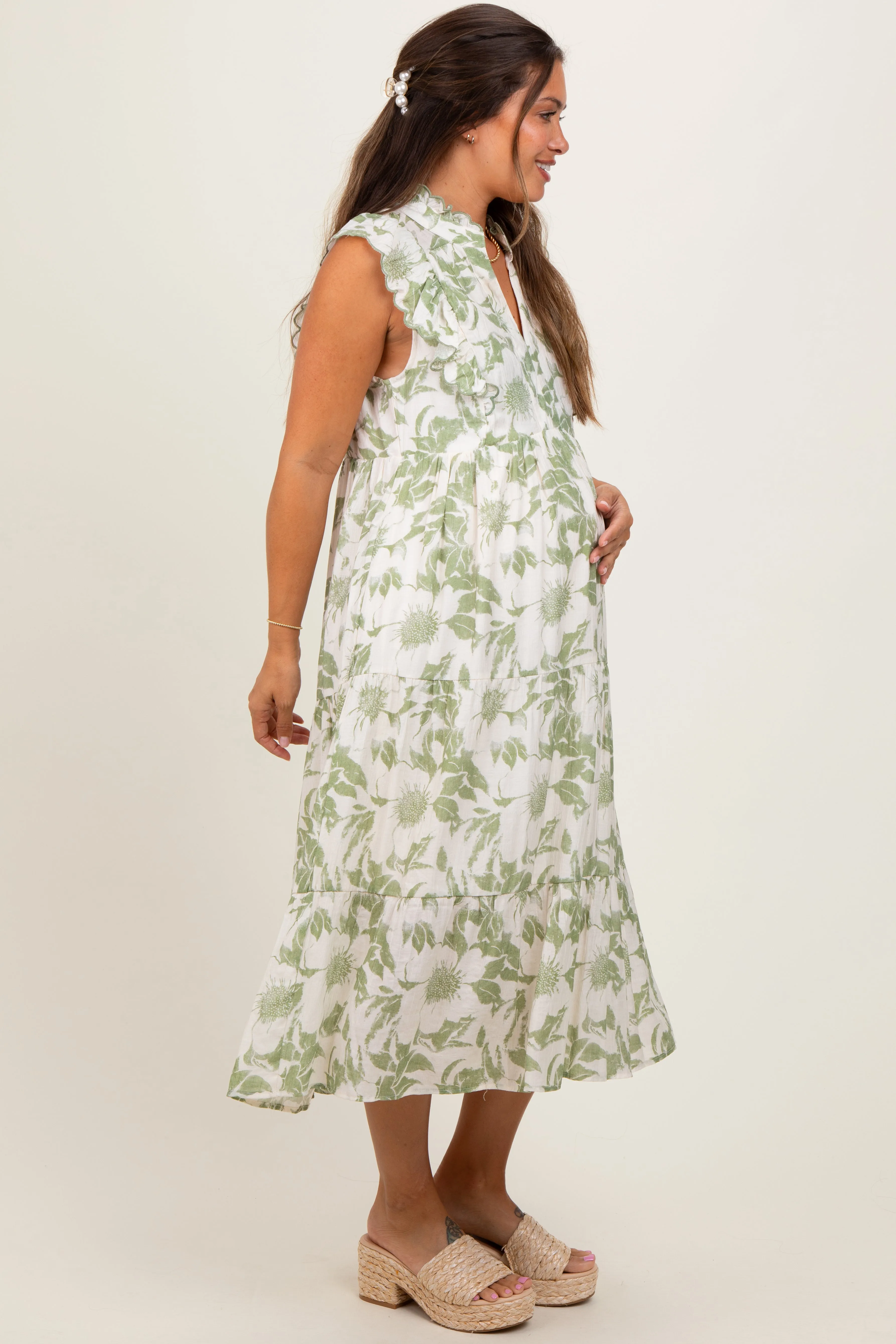 Light Olive Floral Scallop Hem Tiered Maternity Midi Dress sold by Pinkblush product image thumbnail 2