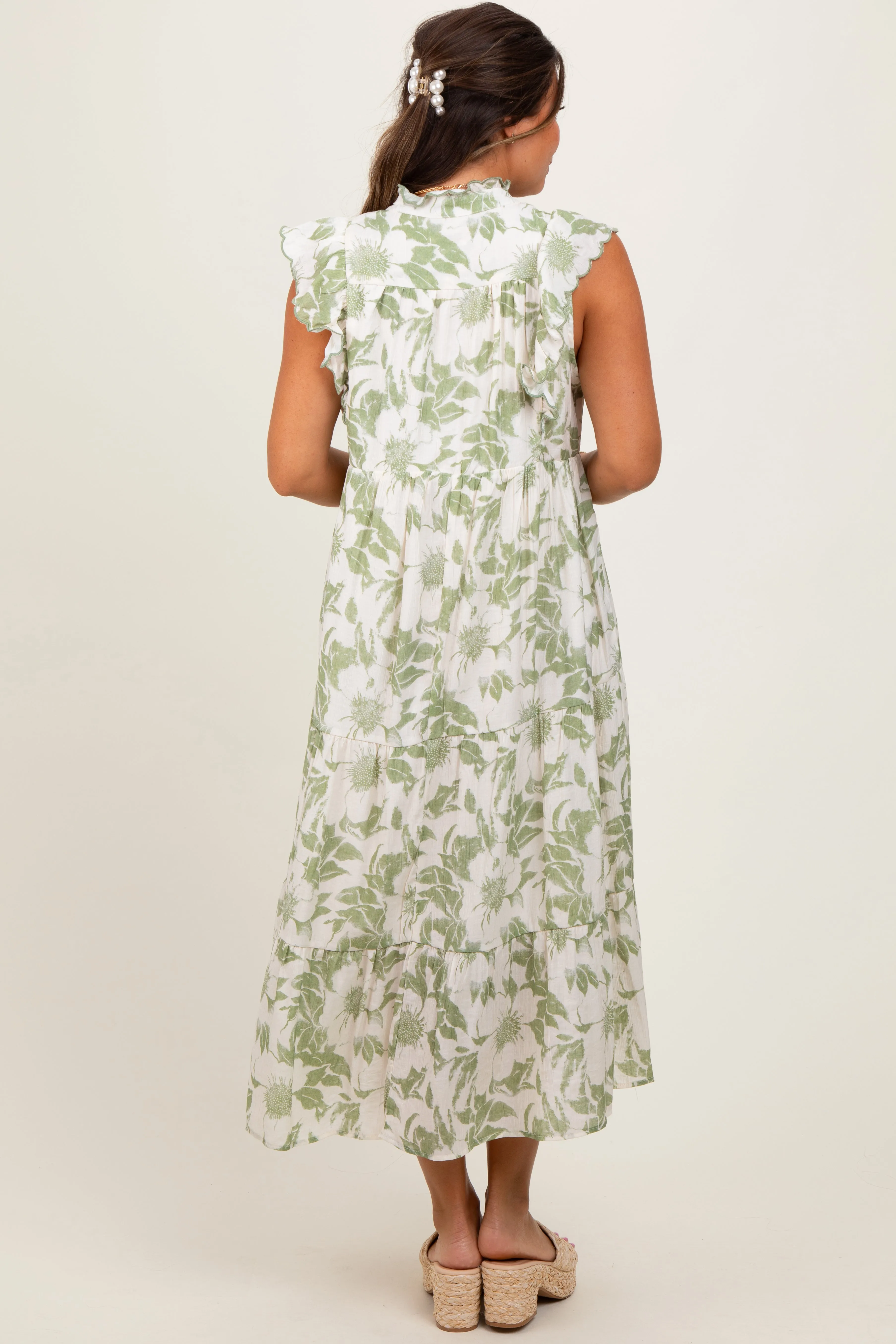 Light Olive Floral Scallop Hem Tiered Maternity Midi Dress sold by Pinkblush product image thumbnail 3