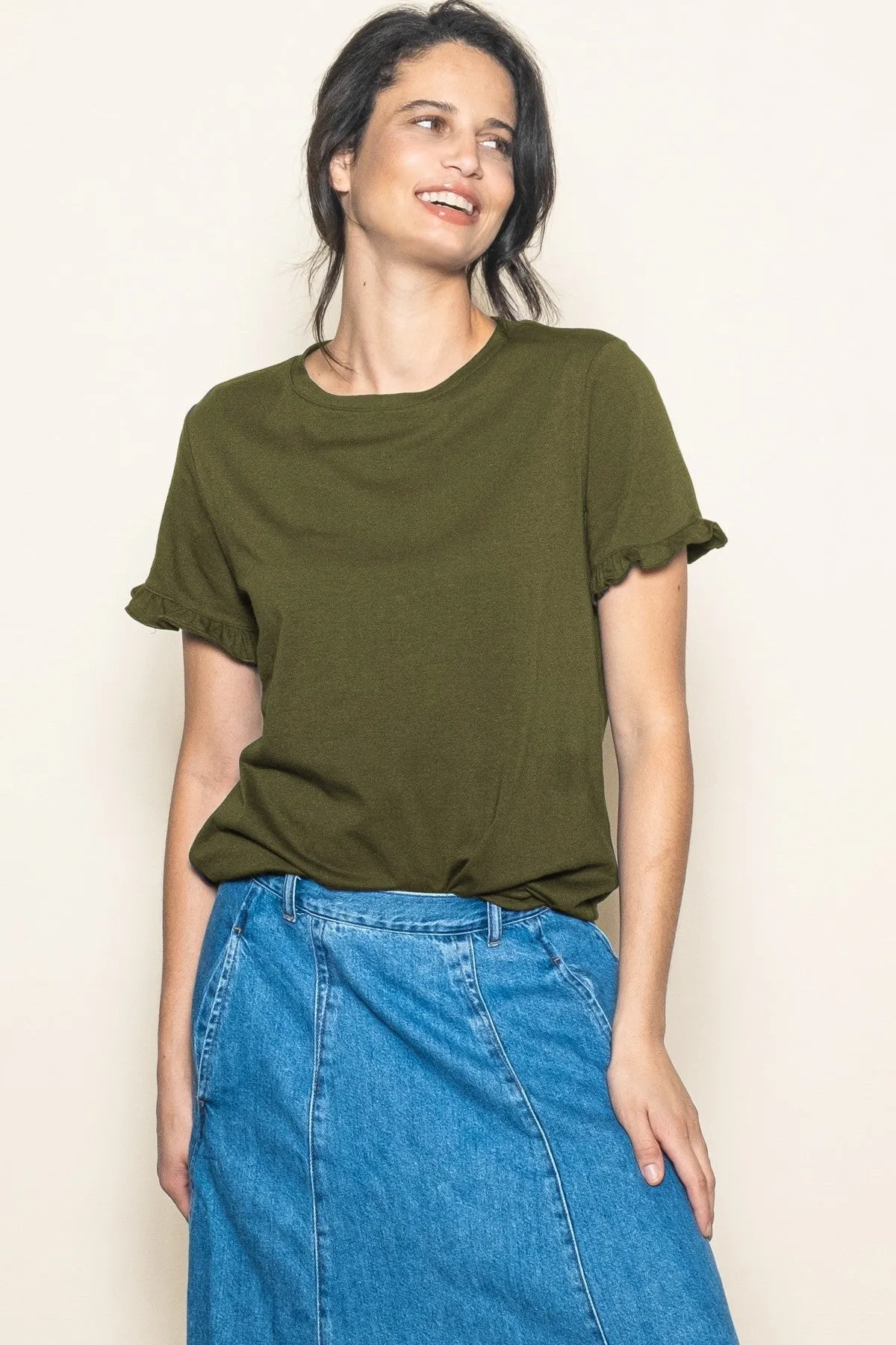 Olive Ruffle Trim Short Sleeve T-Shirt sold by Pinkblush