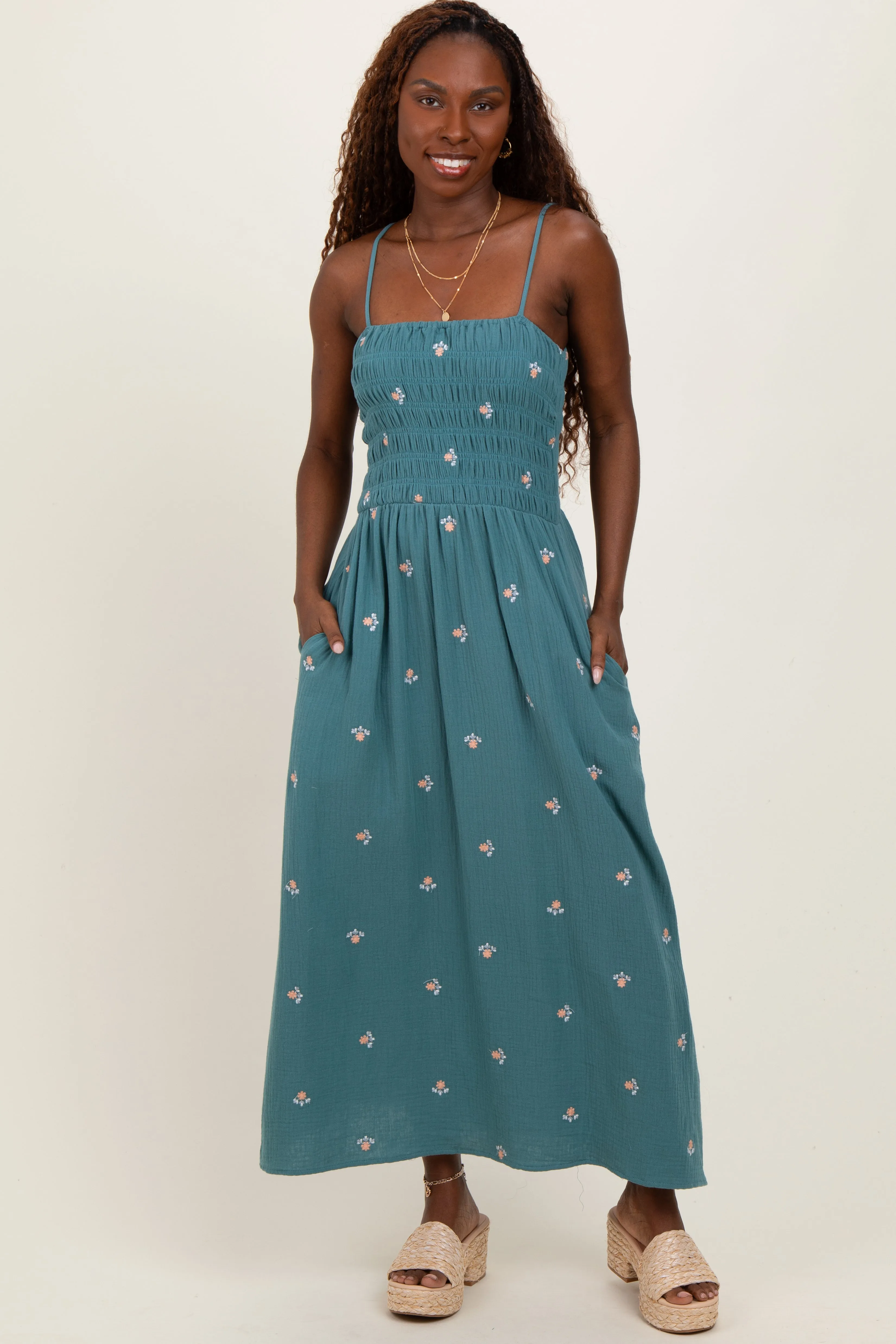 Light Teal Embroidered Floral Smocked Maternity Midi Dress sold by Pinkblush product image thumbnail 5