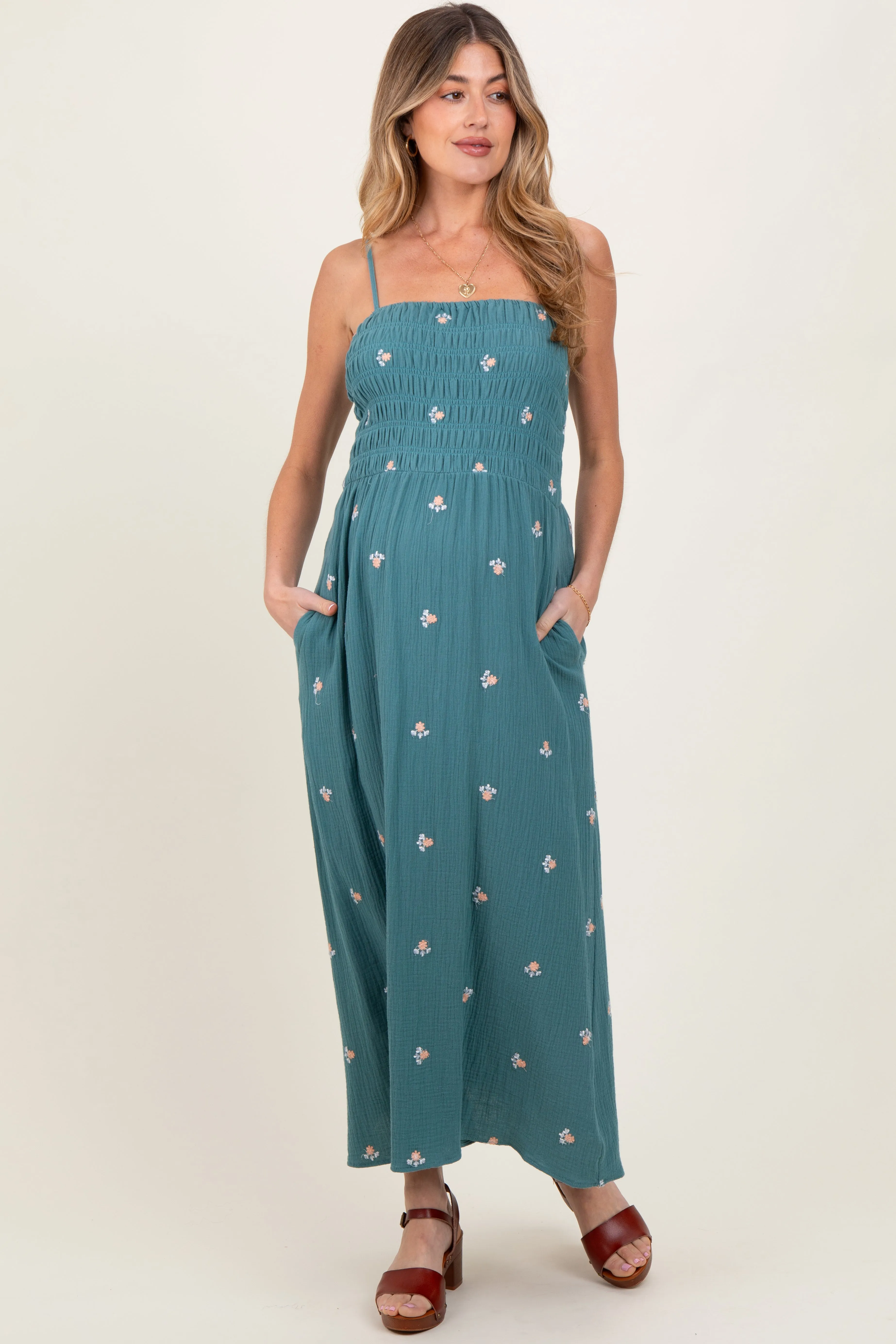 Light Teal Embroidered Floral Smocked Maternity Midi Dress sold by Pinkblush product image thumbnail 2
