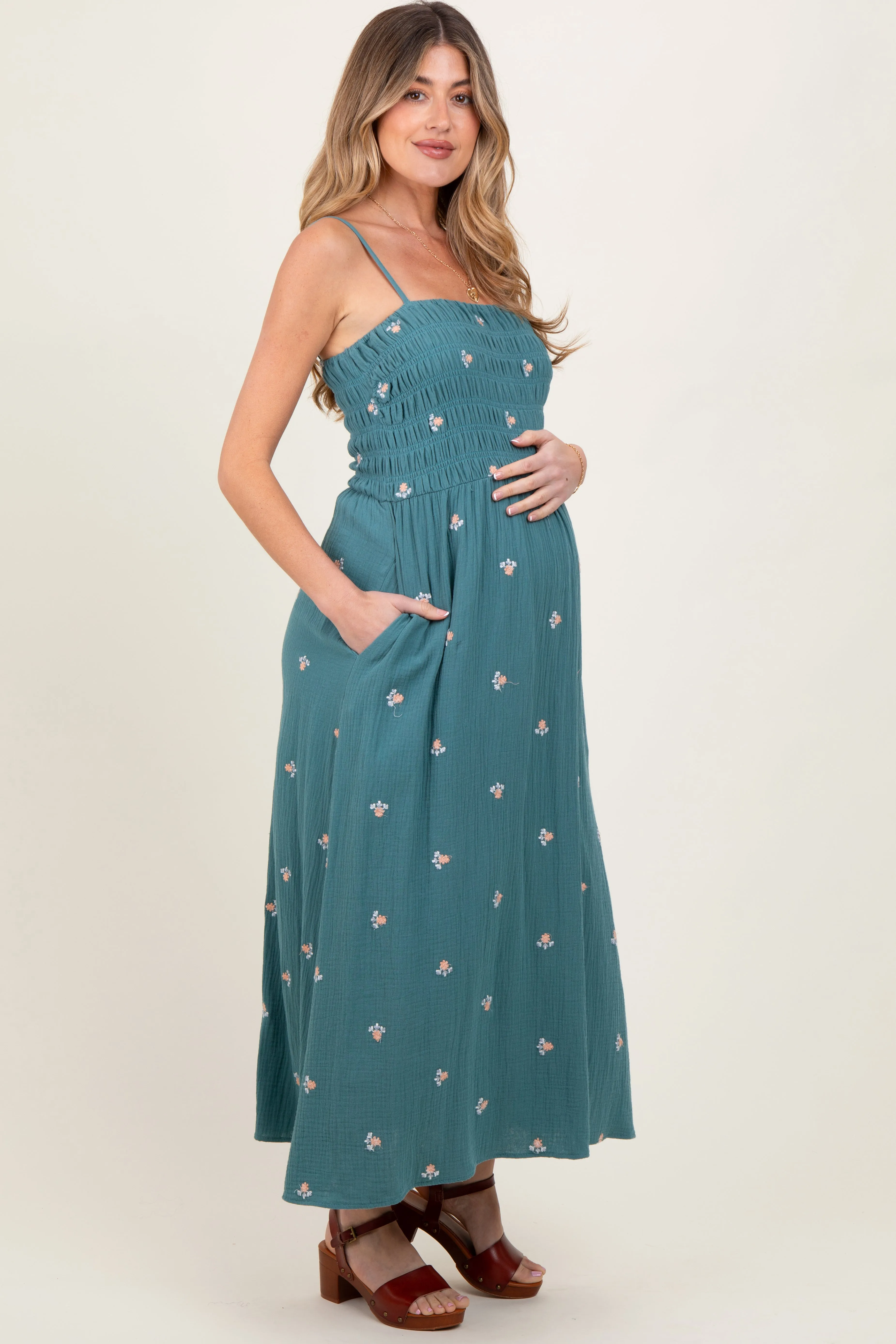 Light Teal Embroidered Floral Smocked Maternity Midi Dress sold by Pinkblush product image thumbnail 3