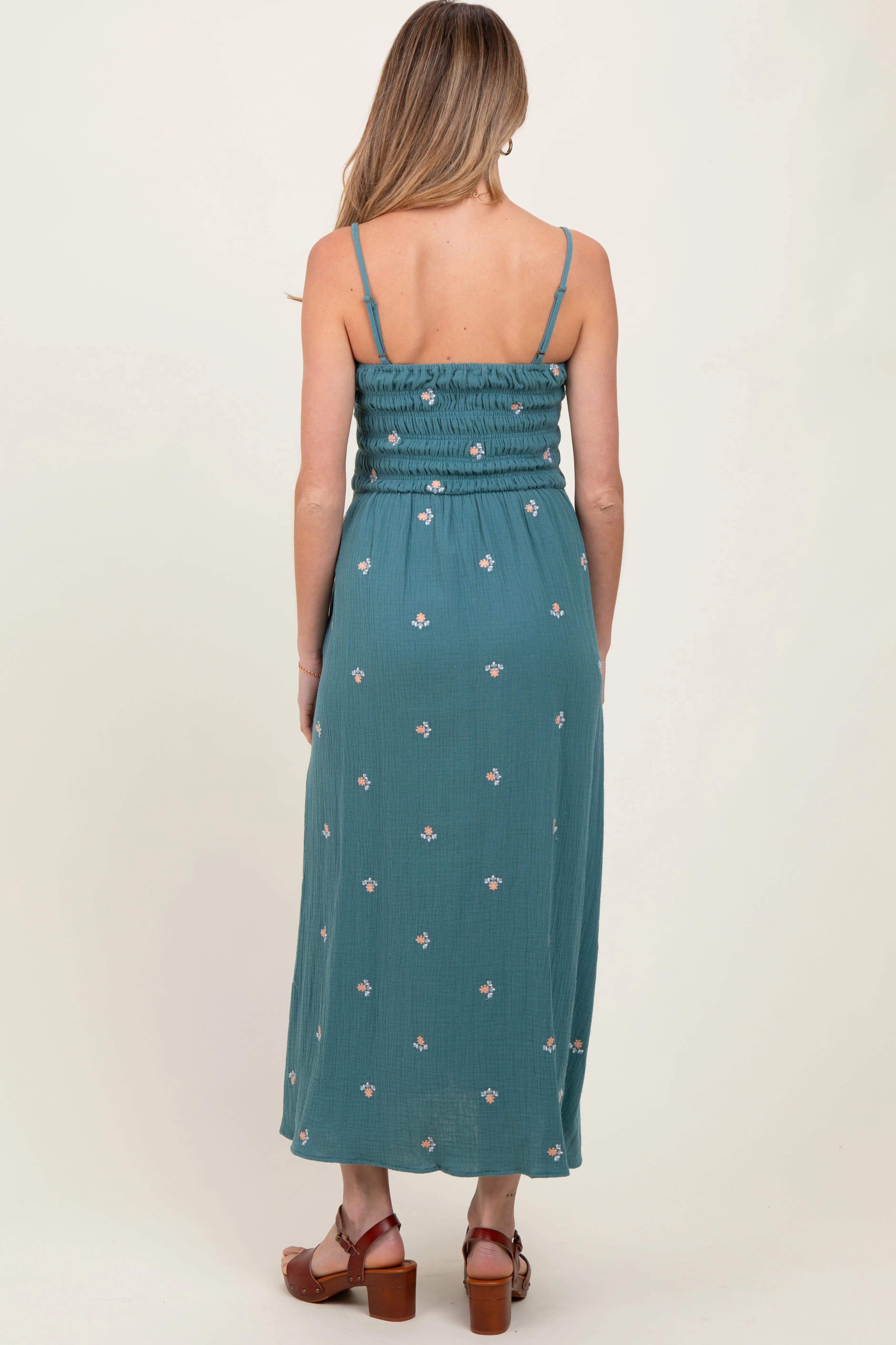 Light Teal Embroidered Floral Smocked Maternity Midi Dress sold by Pinkblush product image thumbnail 4