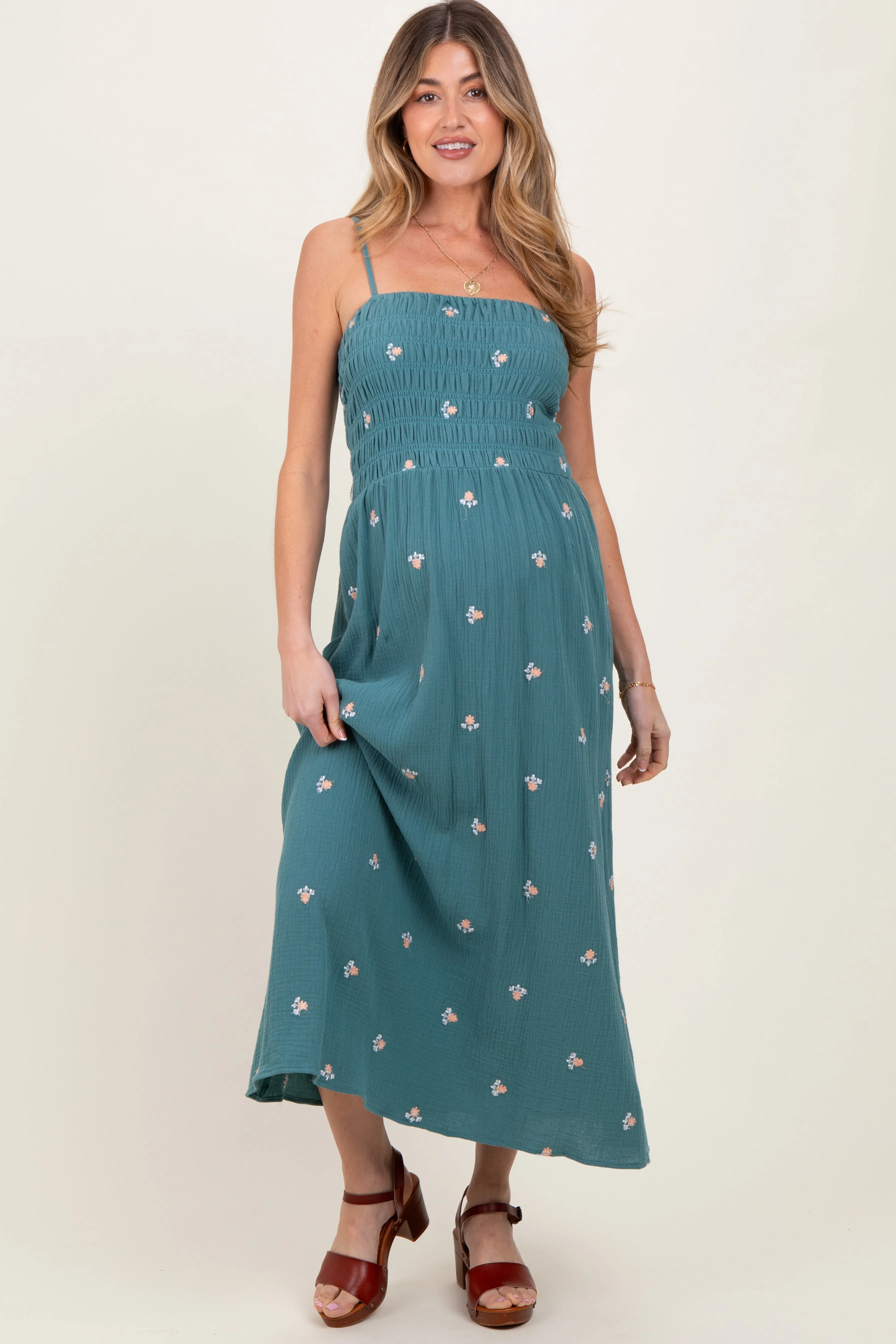 Light Teal Embroidered Floral Smocked Maternity Midi Dress sold by Pinkblush