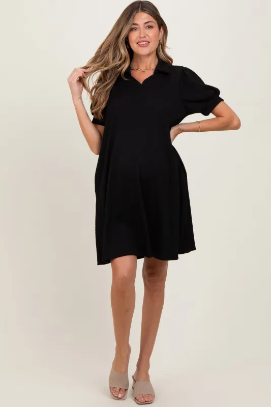 Black Textured Maternity Polo Dress made by Pinkblush