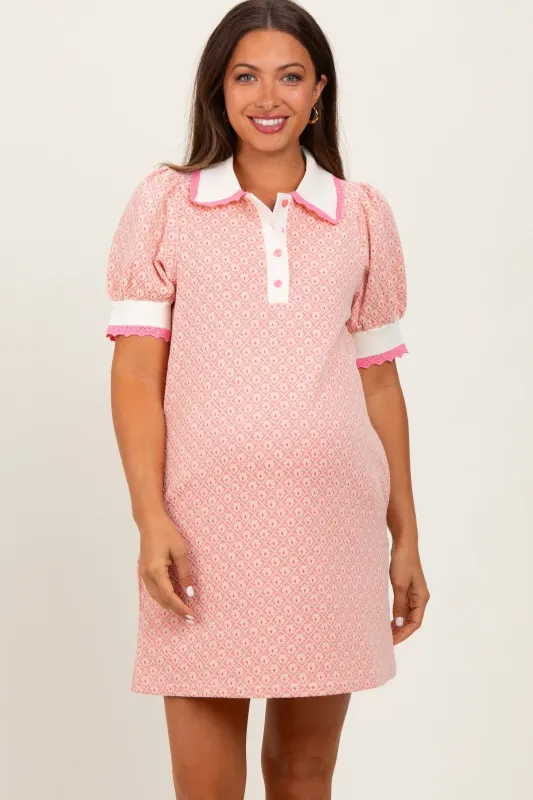 Pink Diamond Print Crochet Trim Maternity Polo Dress sold by Pinkblush