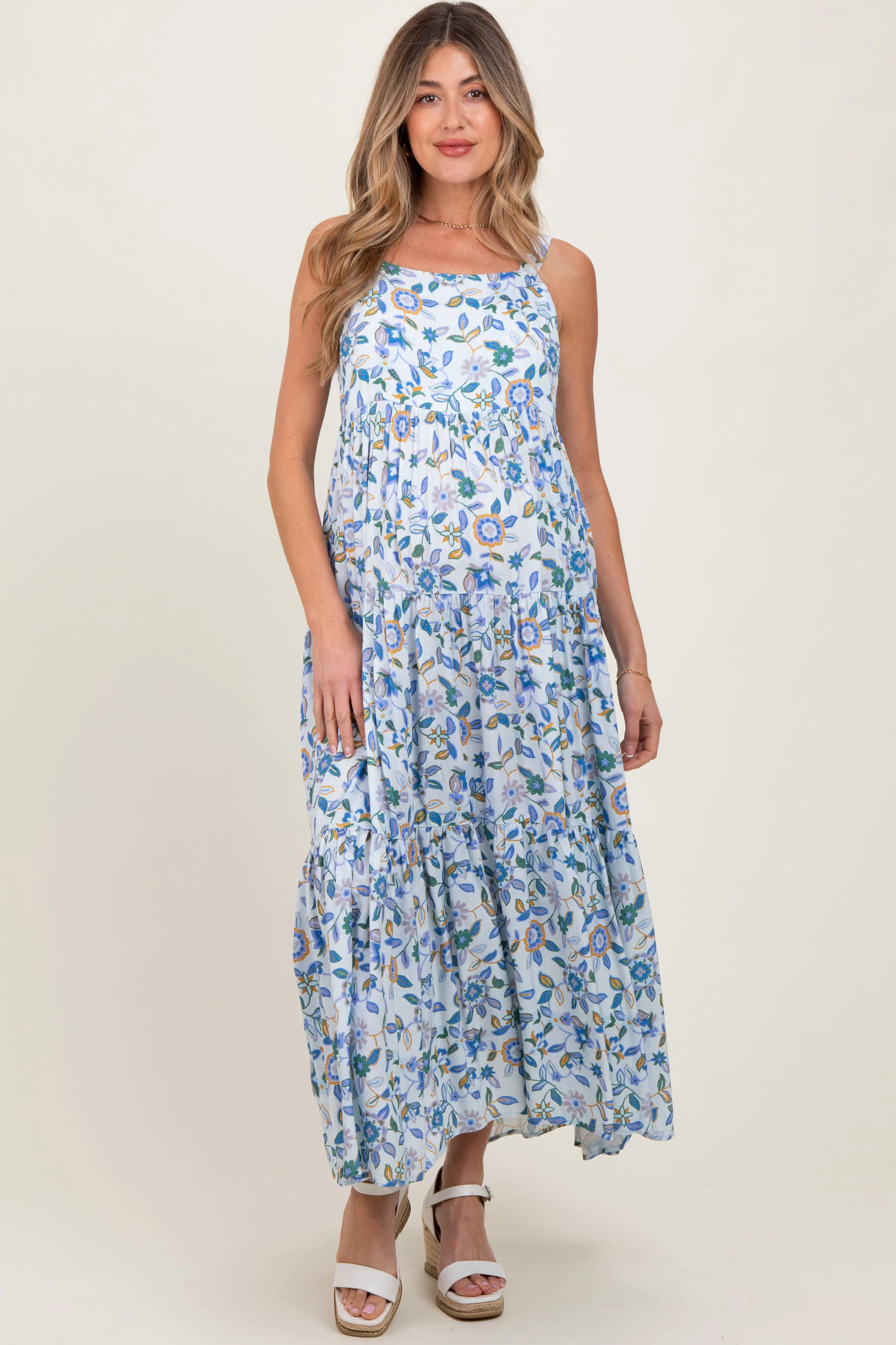 Blue Floral Sleeveless Tiered Maternity Maxi Dress sold by Pinkblush product image thumbnail 2