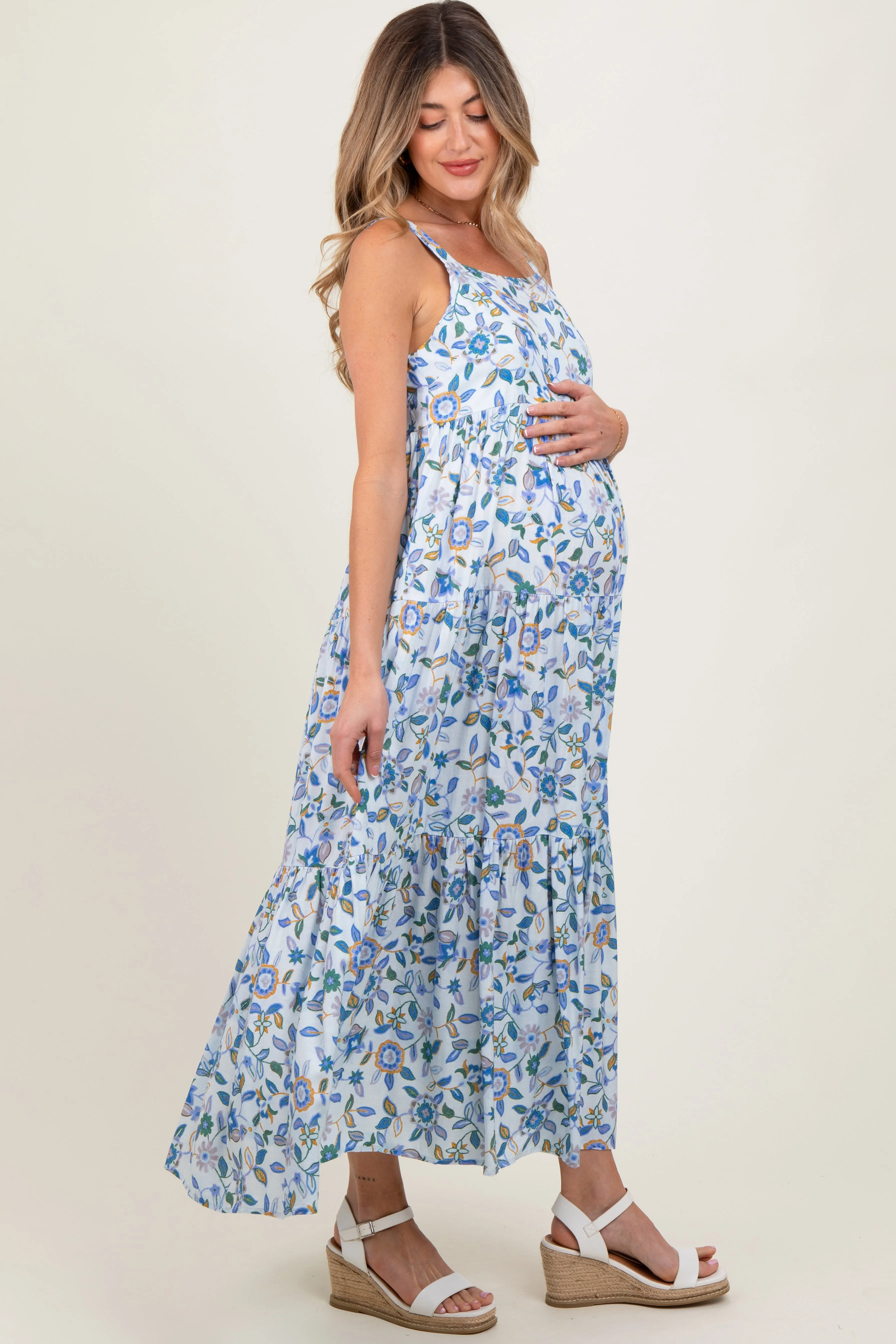 Blue Floral Sleeveless Tiered Maternity Maxi Dress sold by Pinkblush product image thumbnail 3