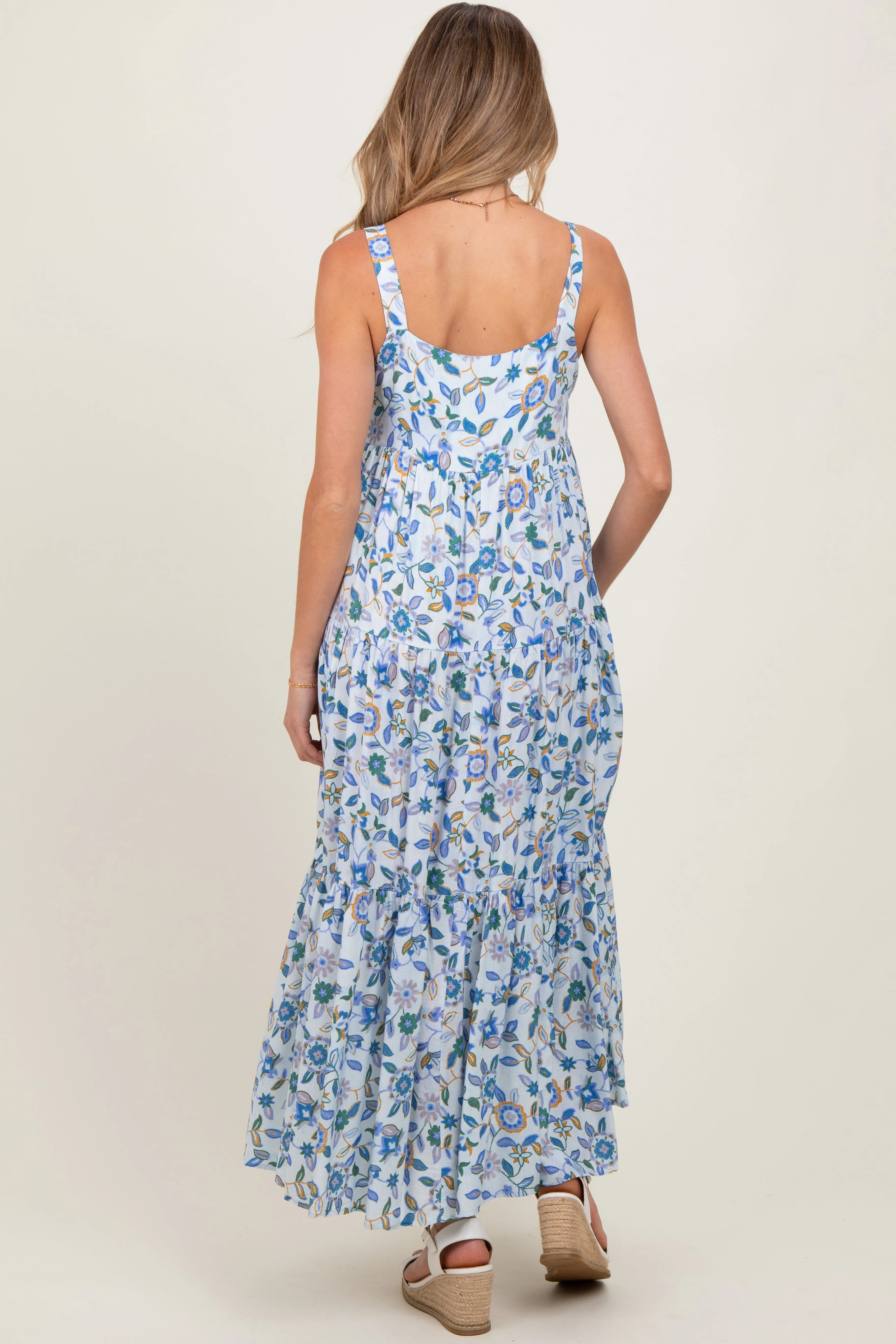 Blue Floral Sleeveless Tiered Maternity Maxi Dress sold by Pinkblush product image thumbnail 4