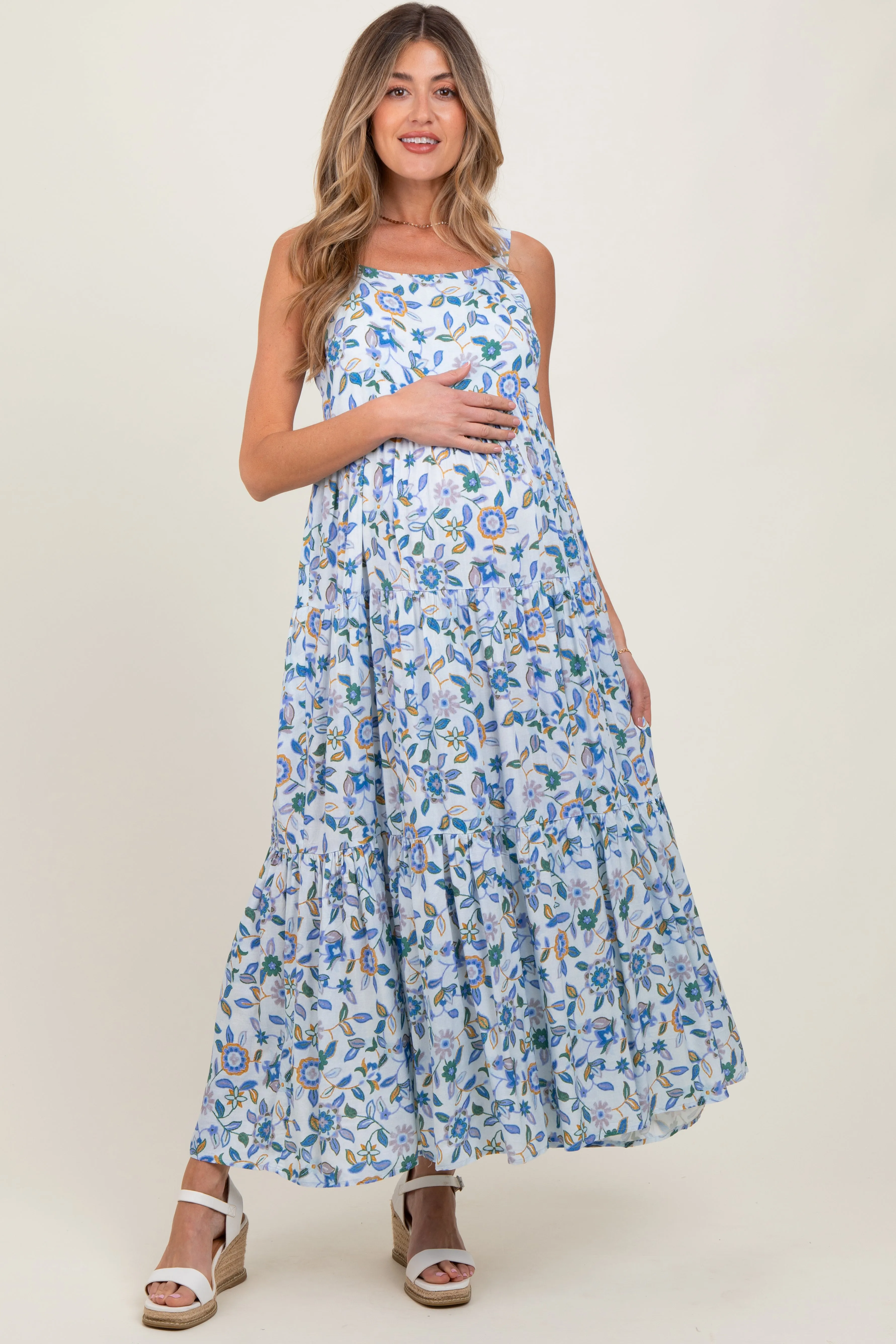 Blue Floral Sleeveless Tiered Maternity Maxi Dress sold by Pinkblush