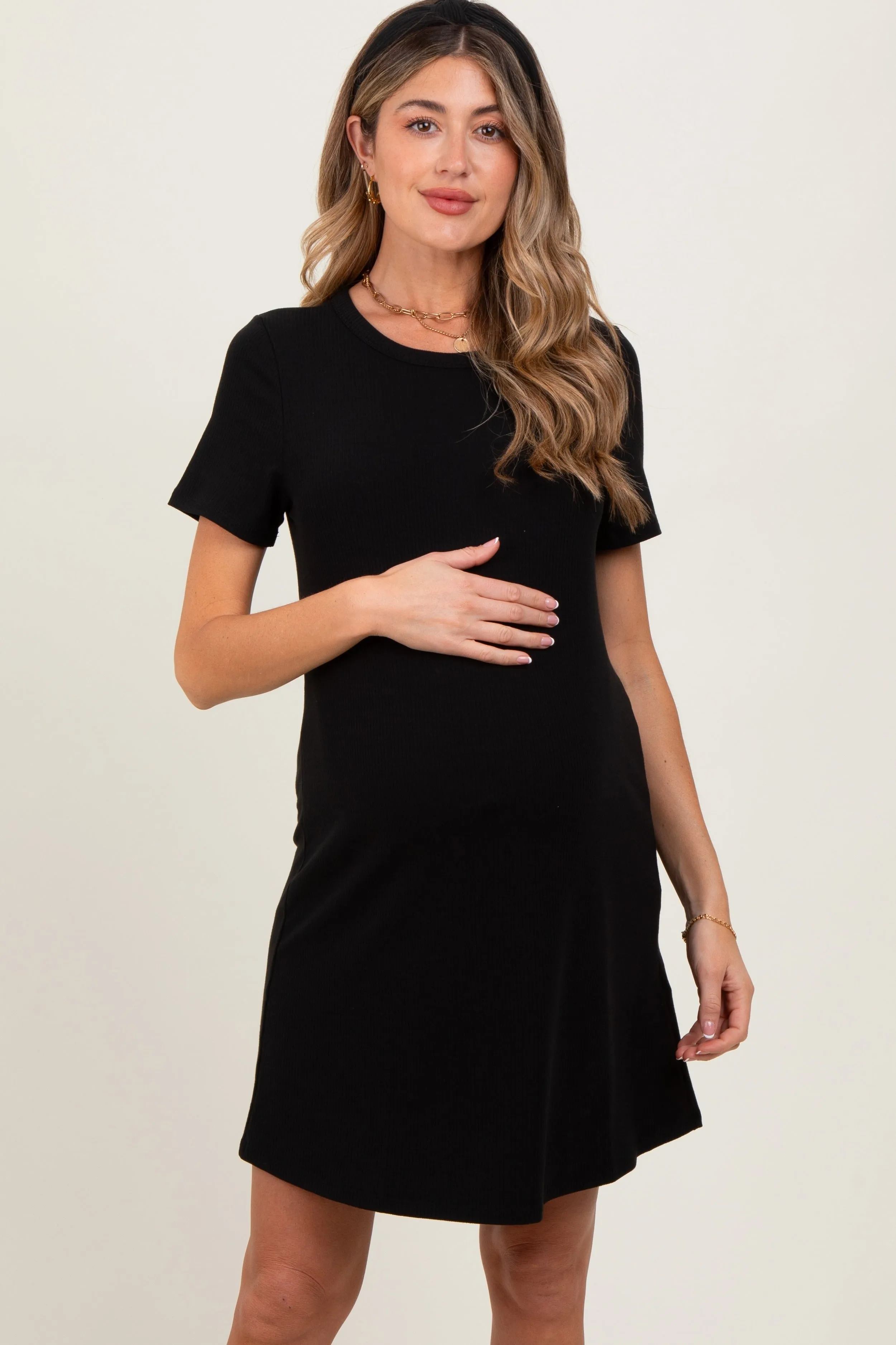Black Ribbed Knit Basic Short Sleeve Maternity T-Shirt Dress sold by Pinkblush