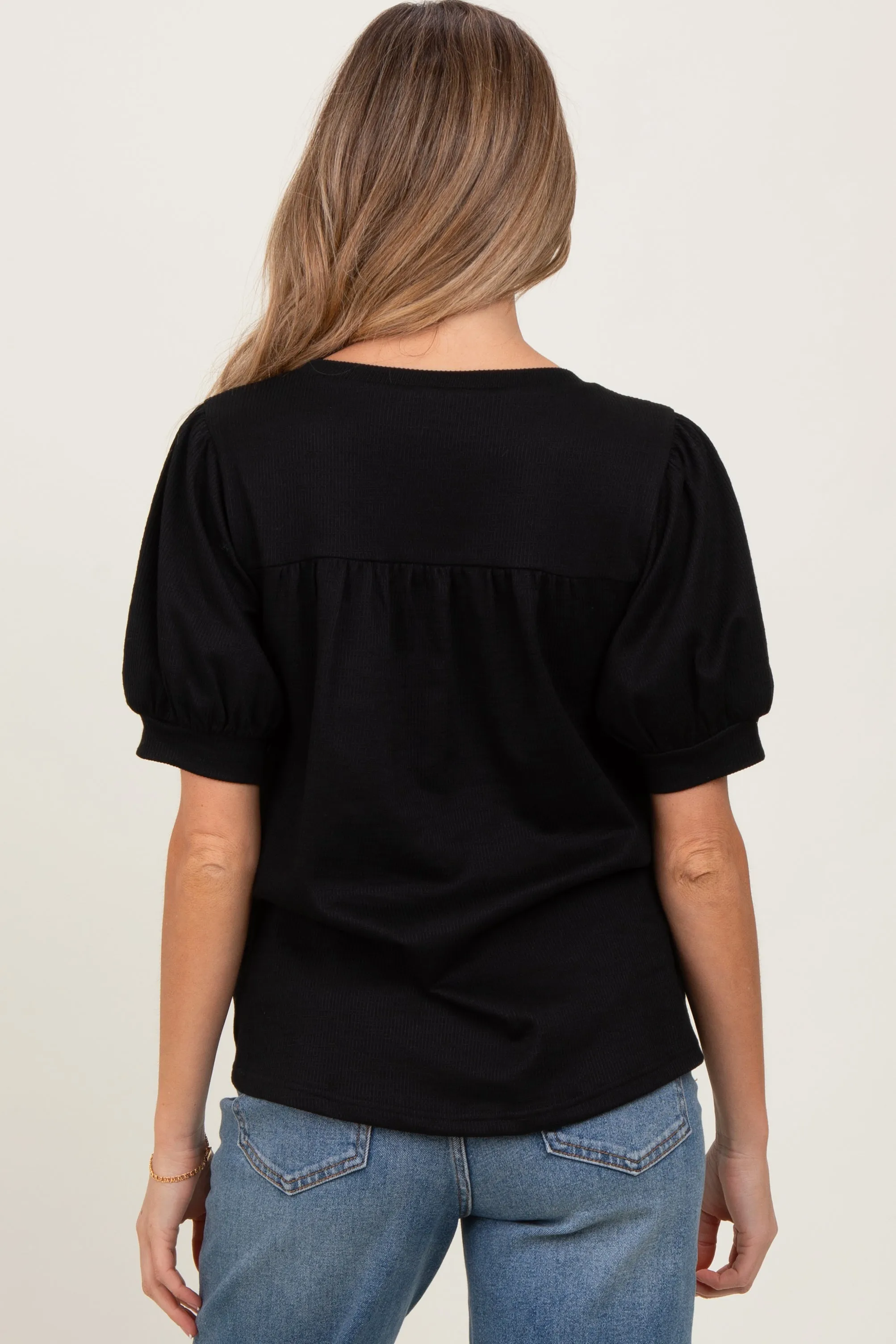 Black Ribbed Puffed Sleeve Maternity Top sold by Pinkblush product image thumbnail 3