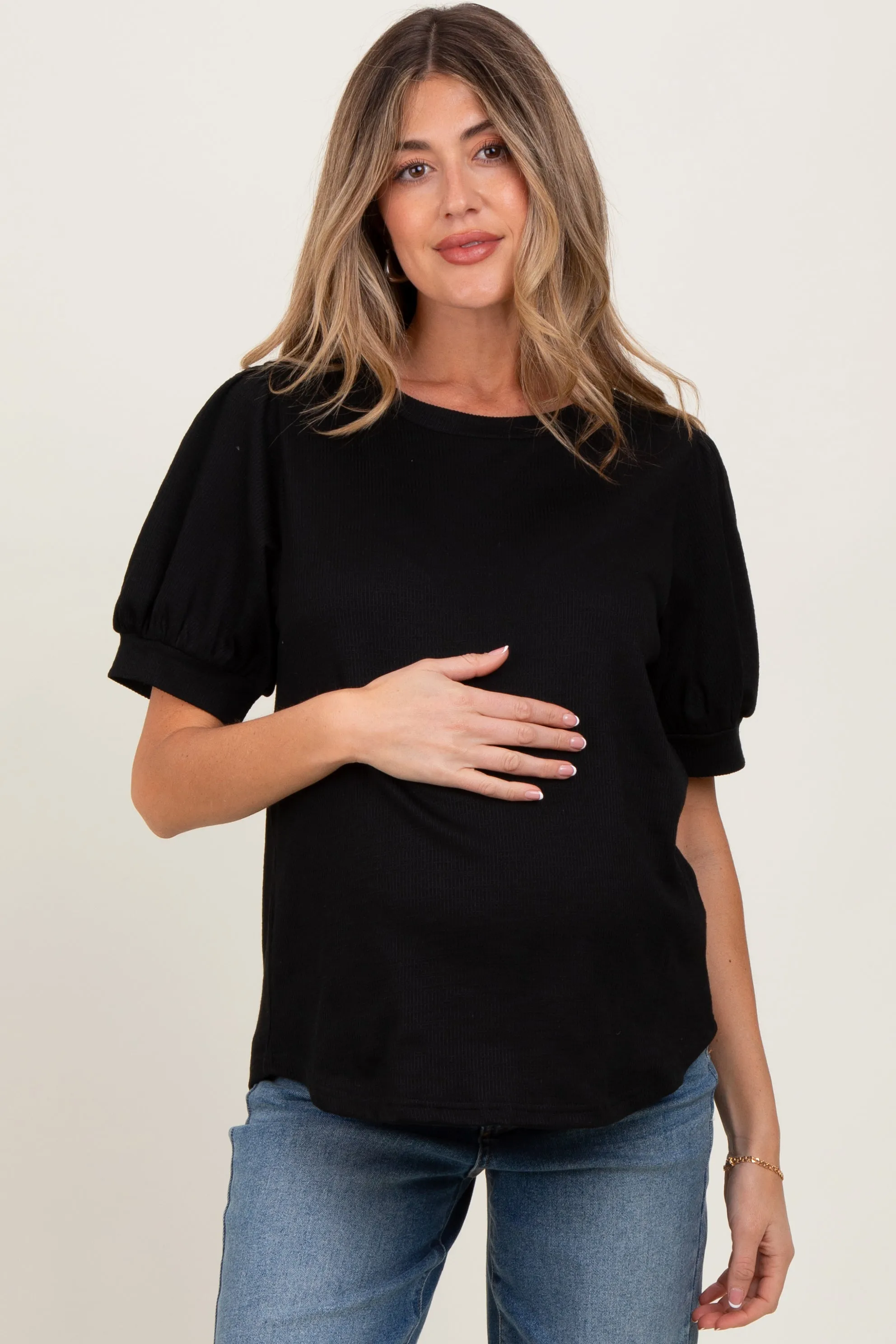 Black Ribbed Puffed Sleeve Maternity Top sold by Pinkblush