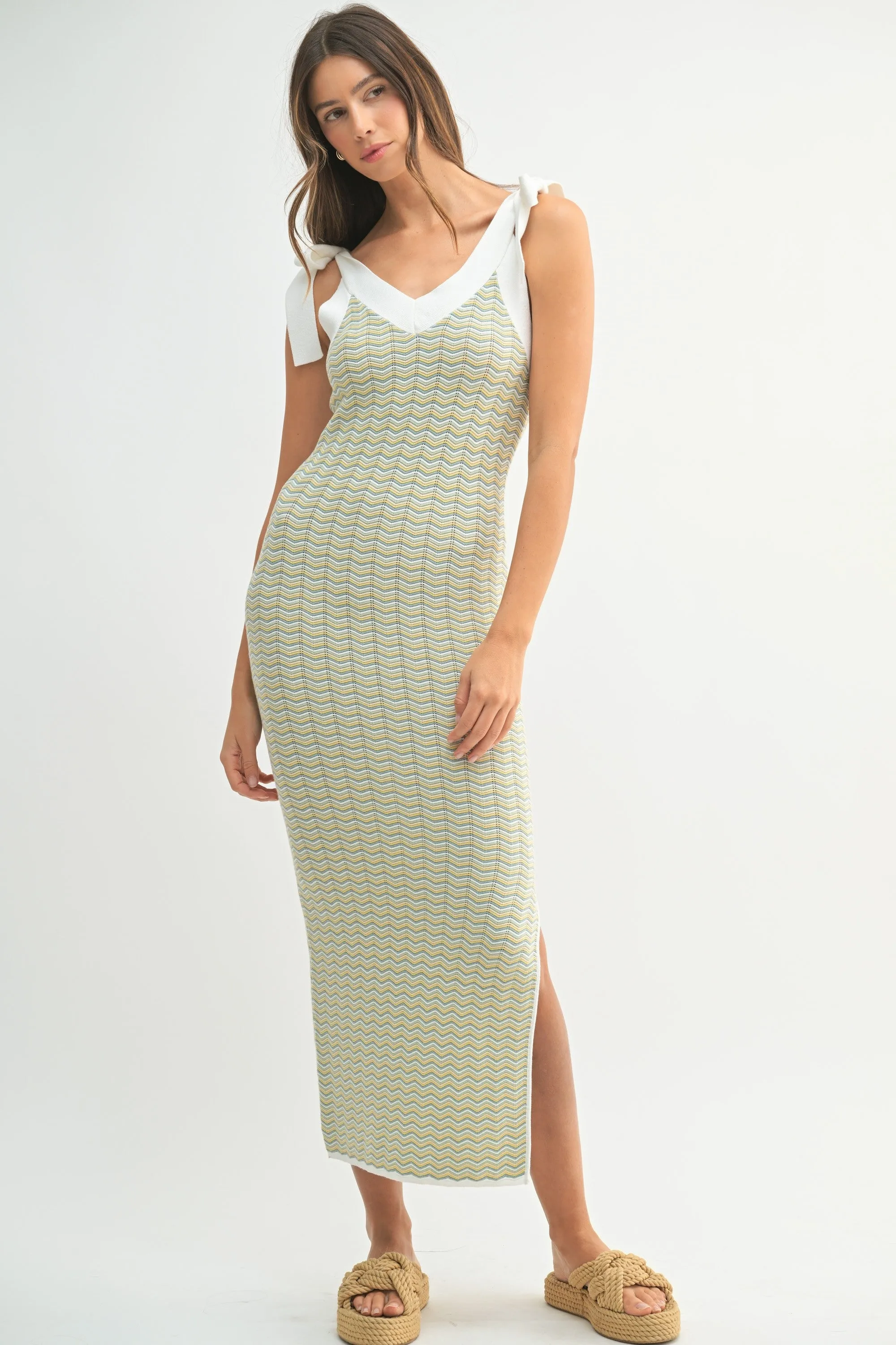 Light Olive Chevron Knit Shoulder Tie Maternity Midi Dress sold by Pinkblush product image thumbnail 4