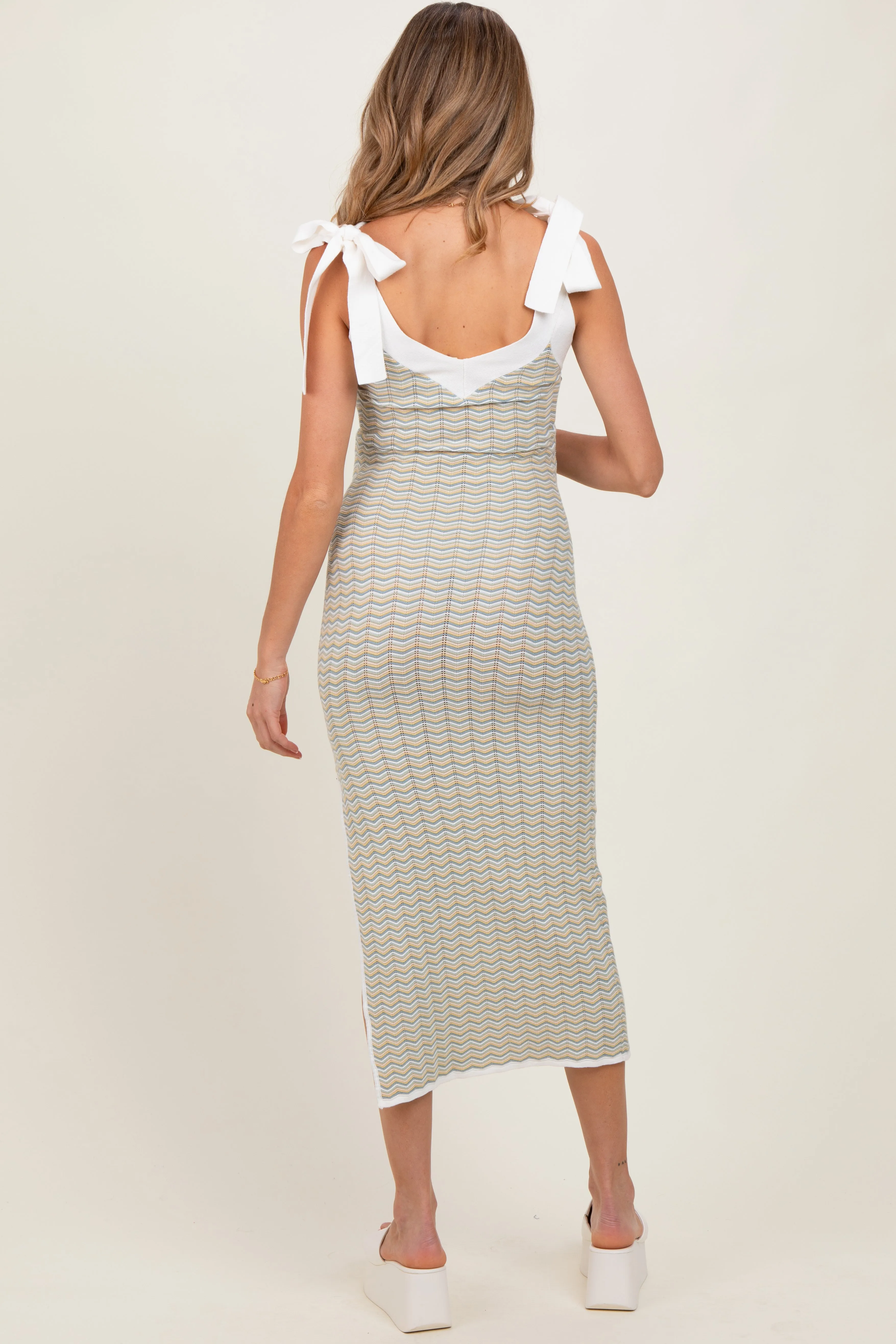 Light Olive Chevron Knit Shoulder Tie Maternity Midi Dress sold by Pinkblush product image thumbnail 3
