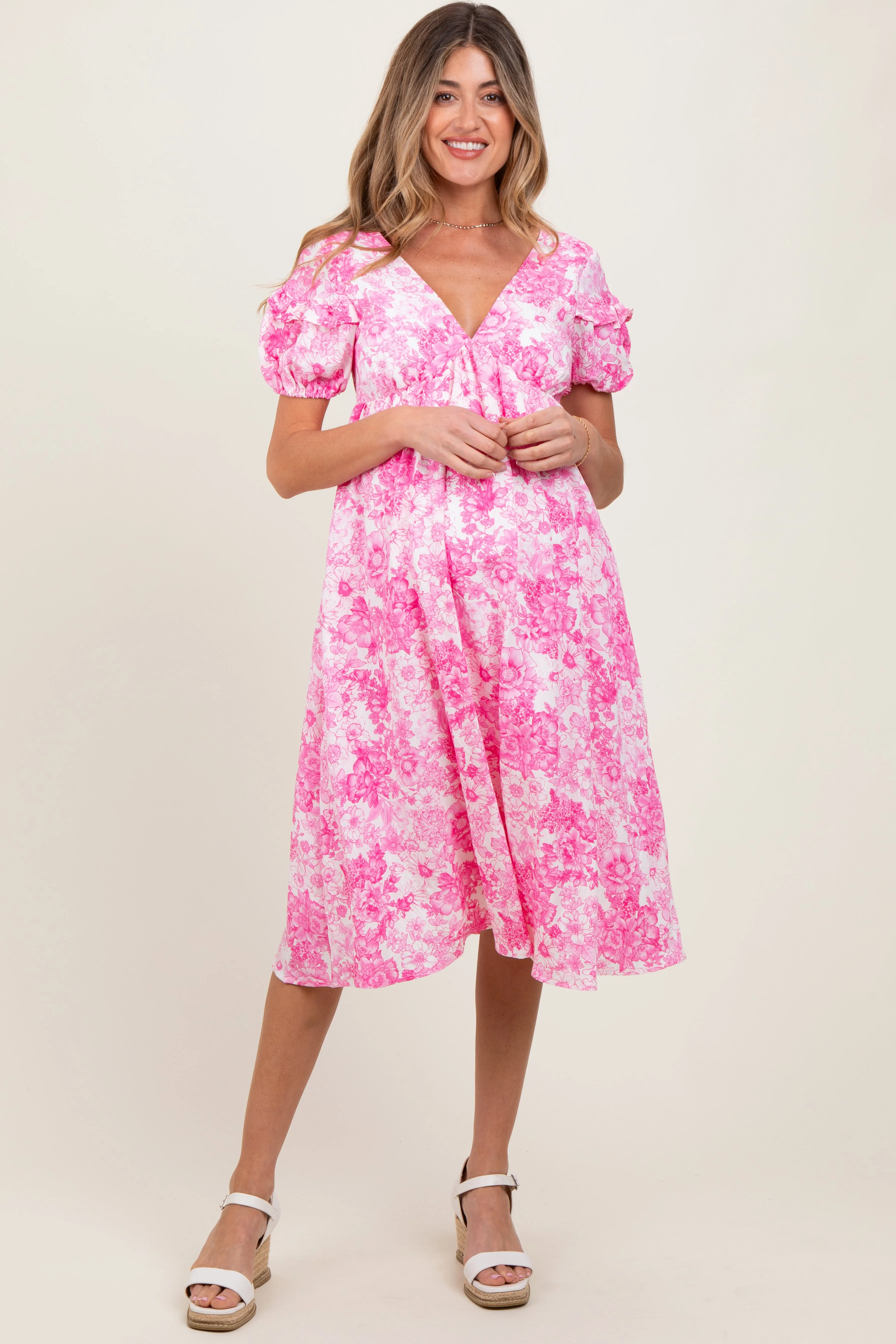 Pink Floral Woven Short Sleeve Maternity Mini Dress sold by Pinkblush