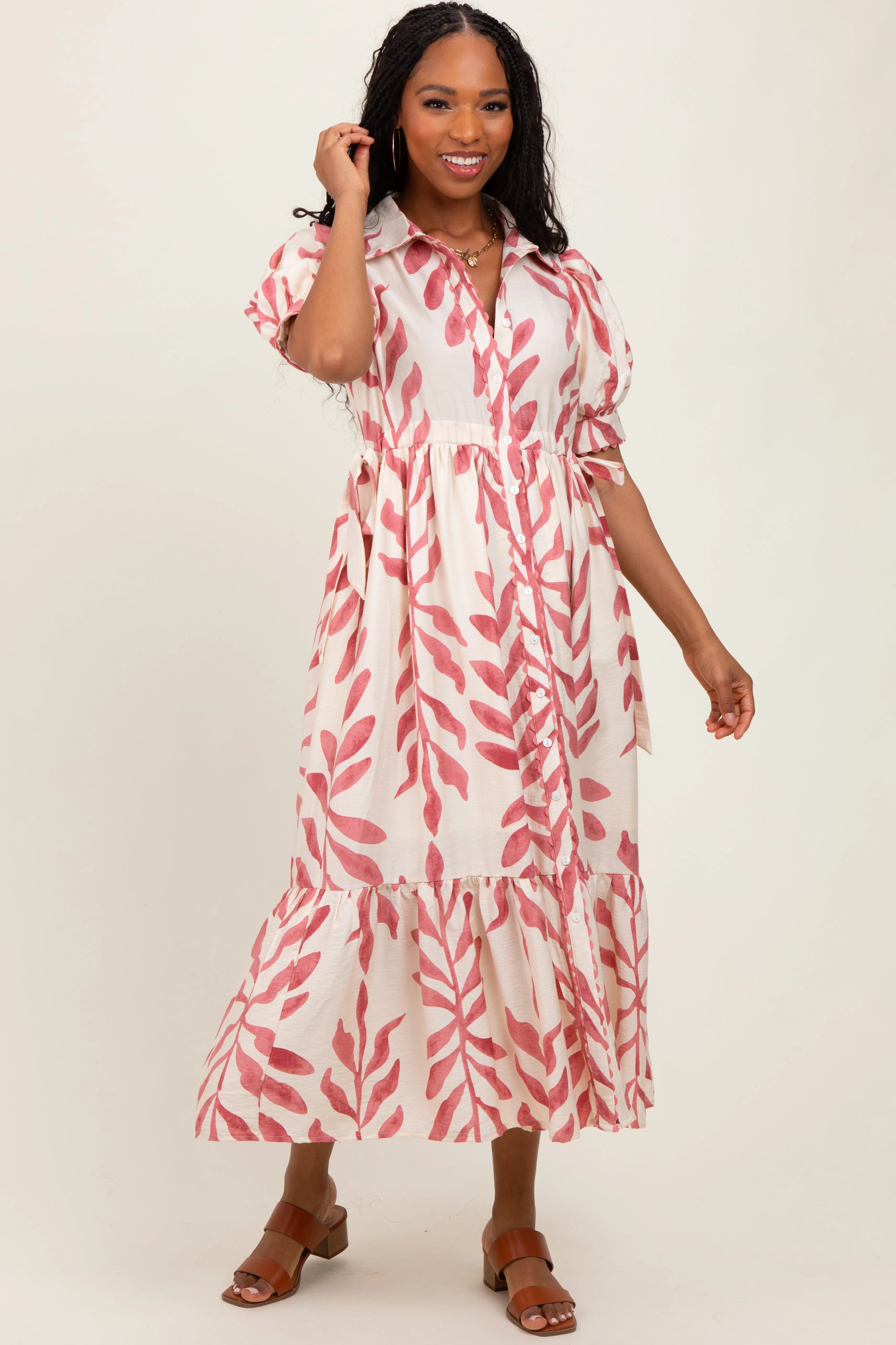 Pink Leaf Print Scallop Trim Maternity Midi Shirt Dress sold by Pinkblush product image thumbnail 3