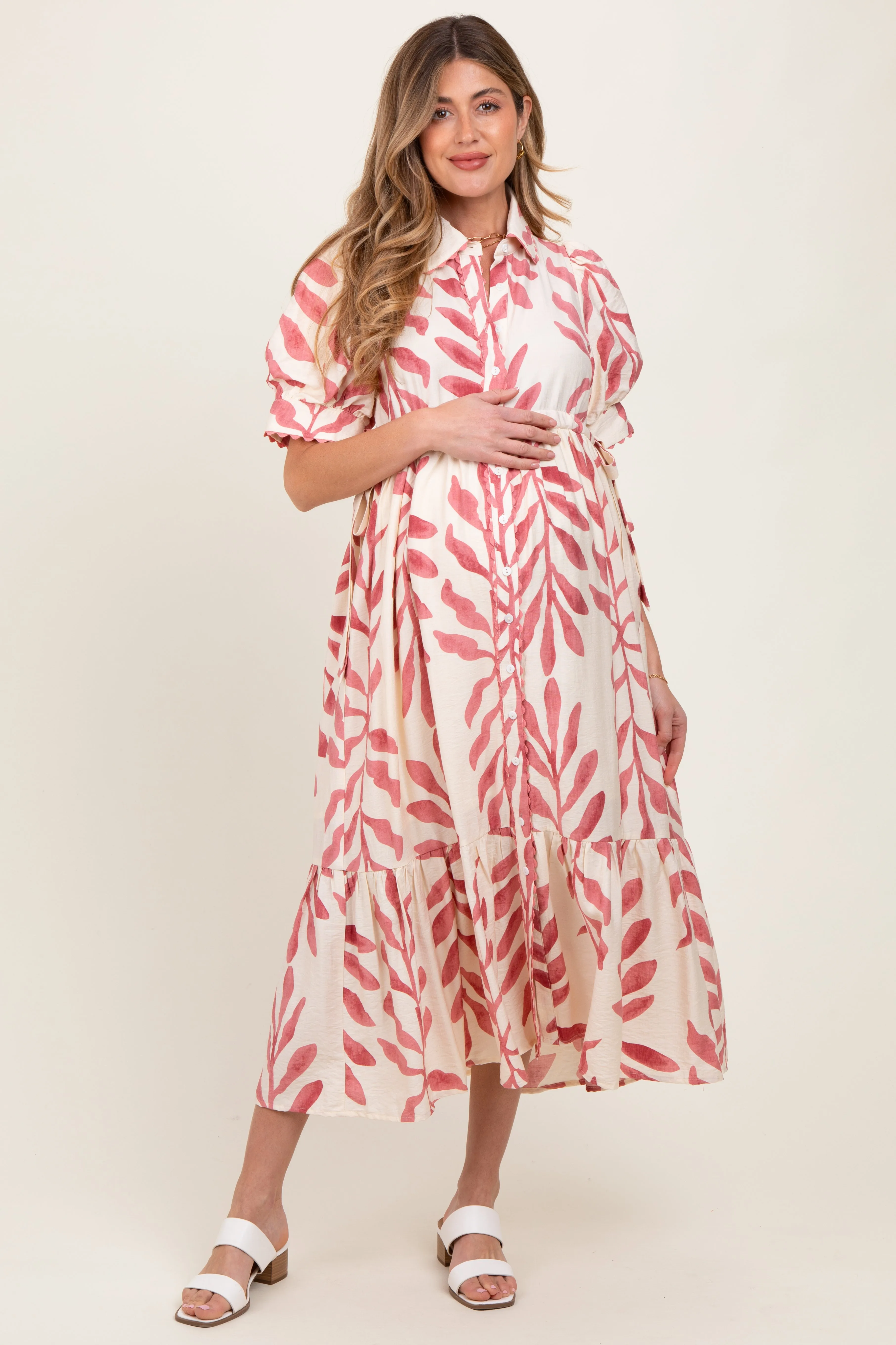 Pink Leaf Print Scallop Trim Maternity Midi Shirt Dress sold by Pinkblush