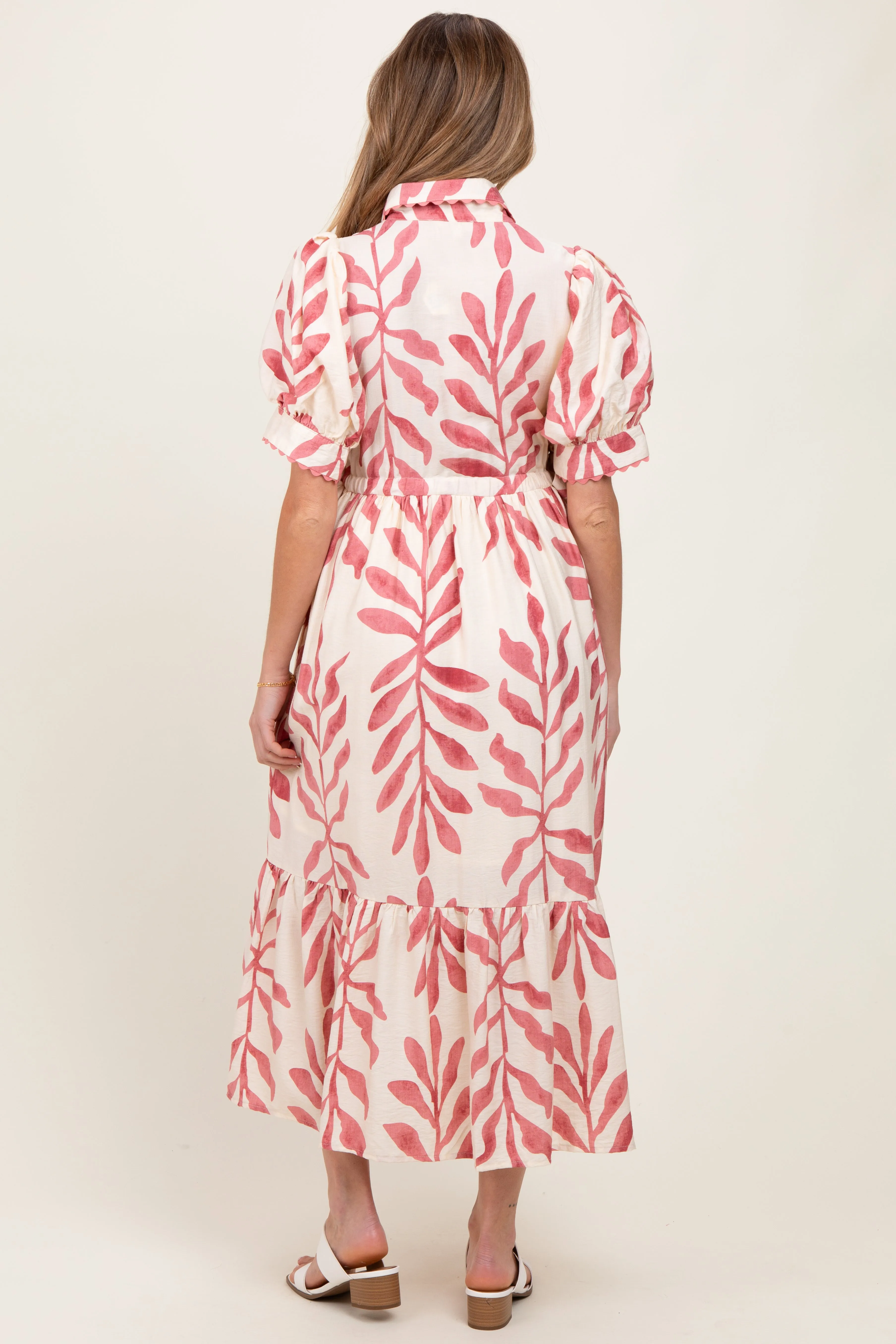 Pink Leaf Print Scallop Trim Maternity Midi Shirt Dress sold by Pinkblush product image thumbnail 2