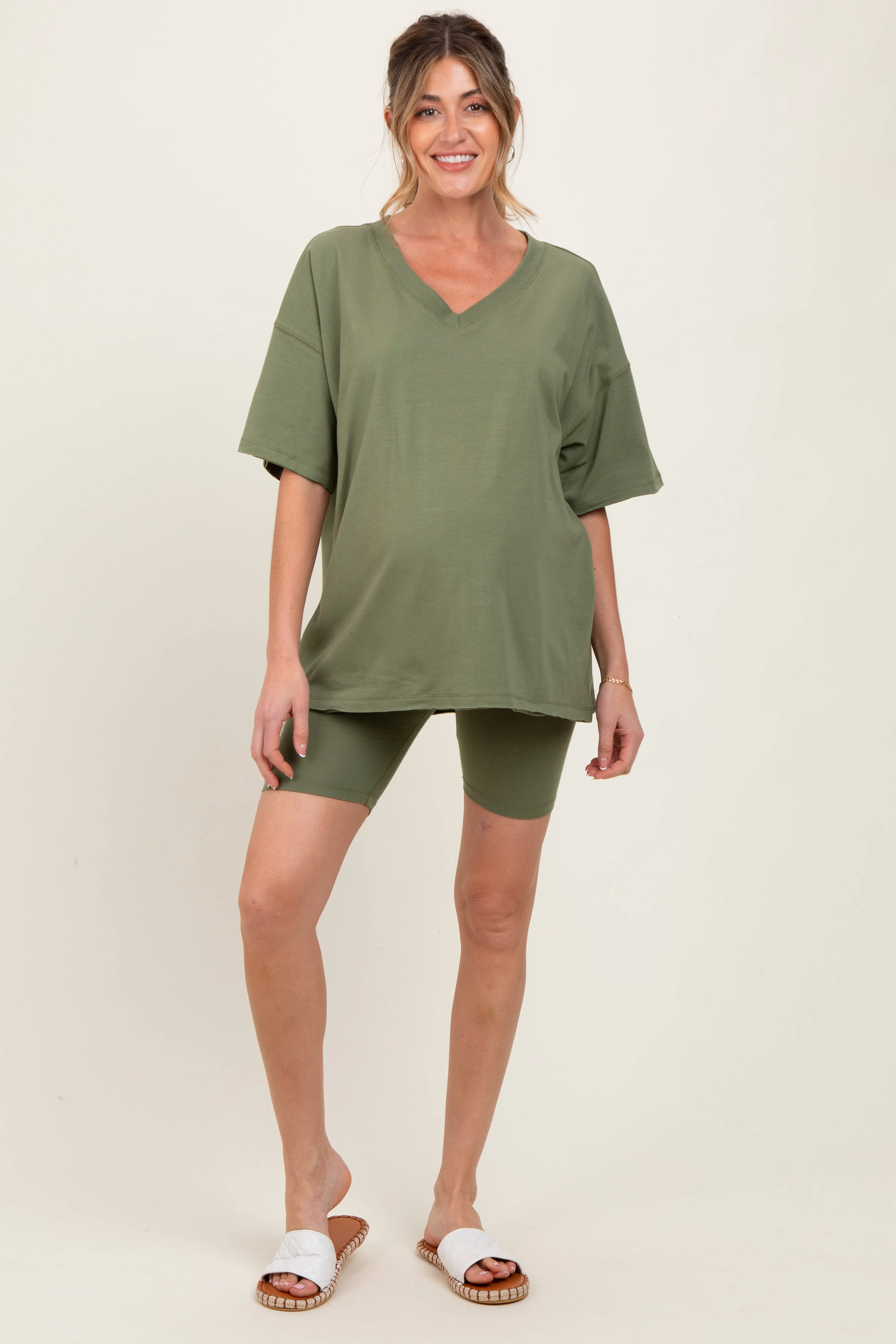 Olive Oversized V-Neck Biker Short Maternity Set sold by Pinkblush