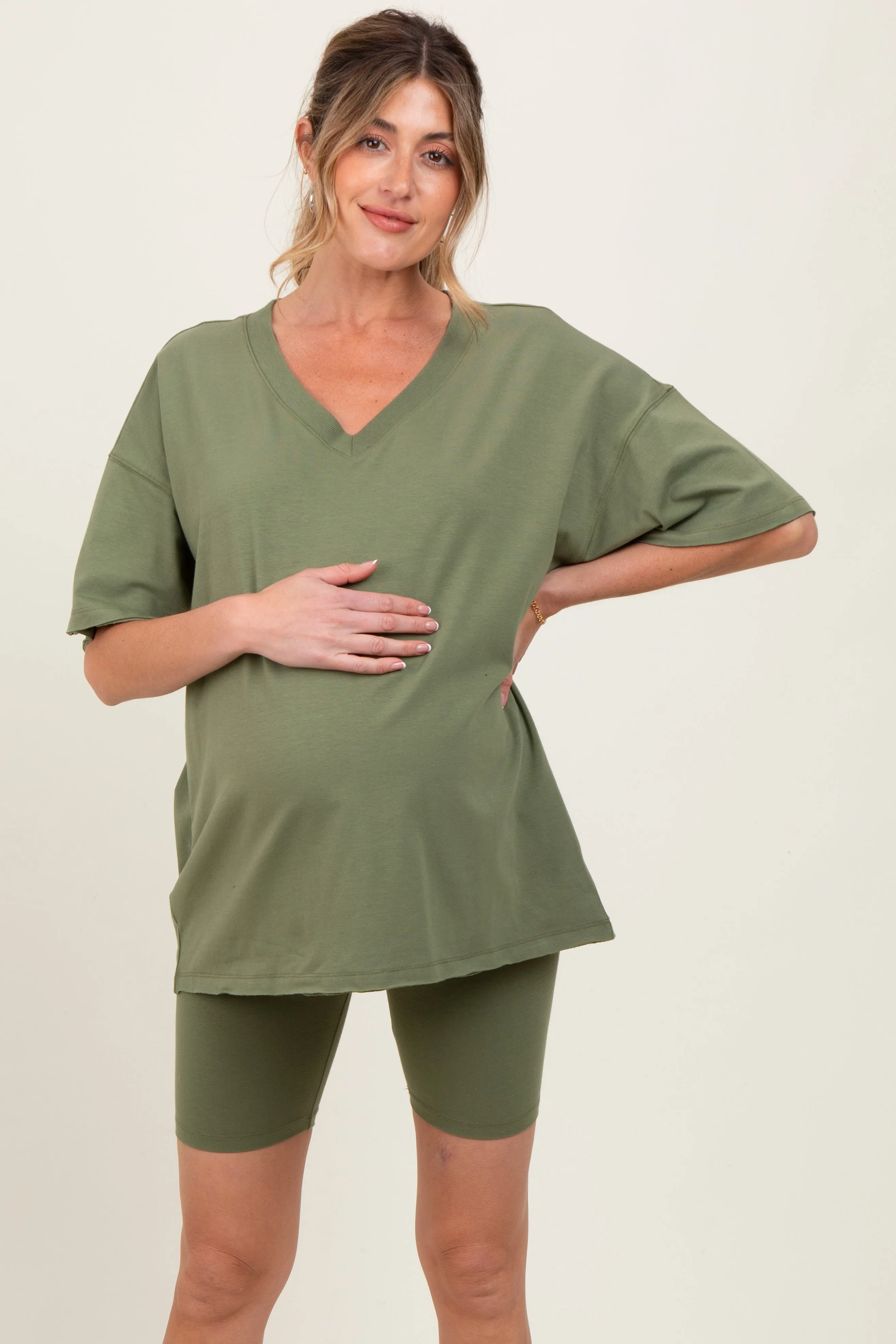 Olive Oversized V-Neck Biker Short Maternity Set sold by Pinkblush product image thumbnail 2