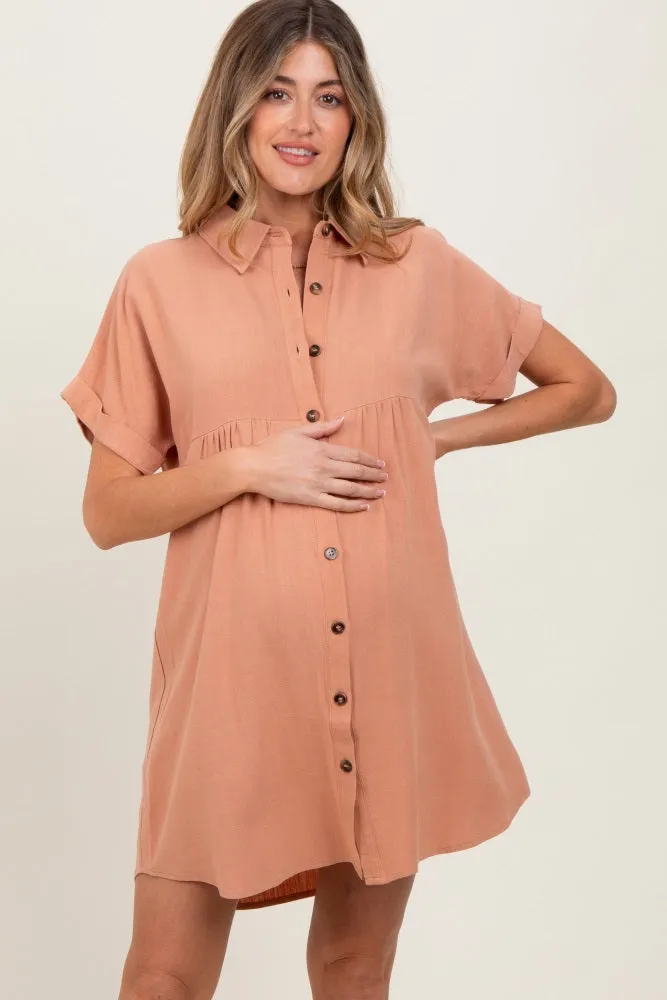 Peach Dolman Sleeve Linen Maternity Shirt Dress sold by Pinkblush