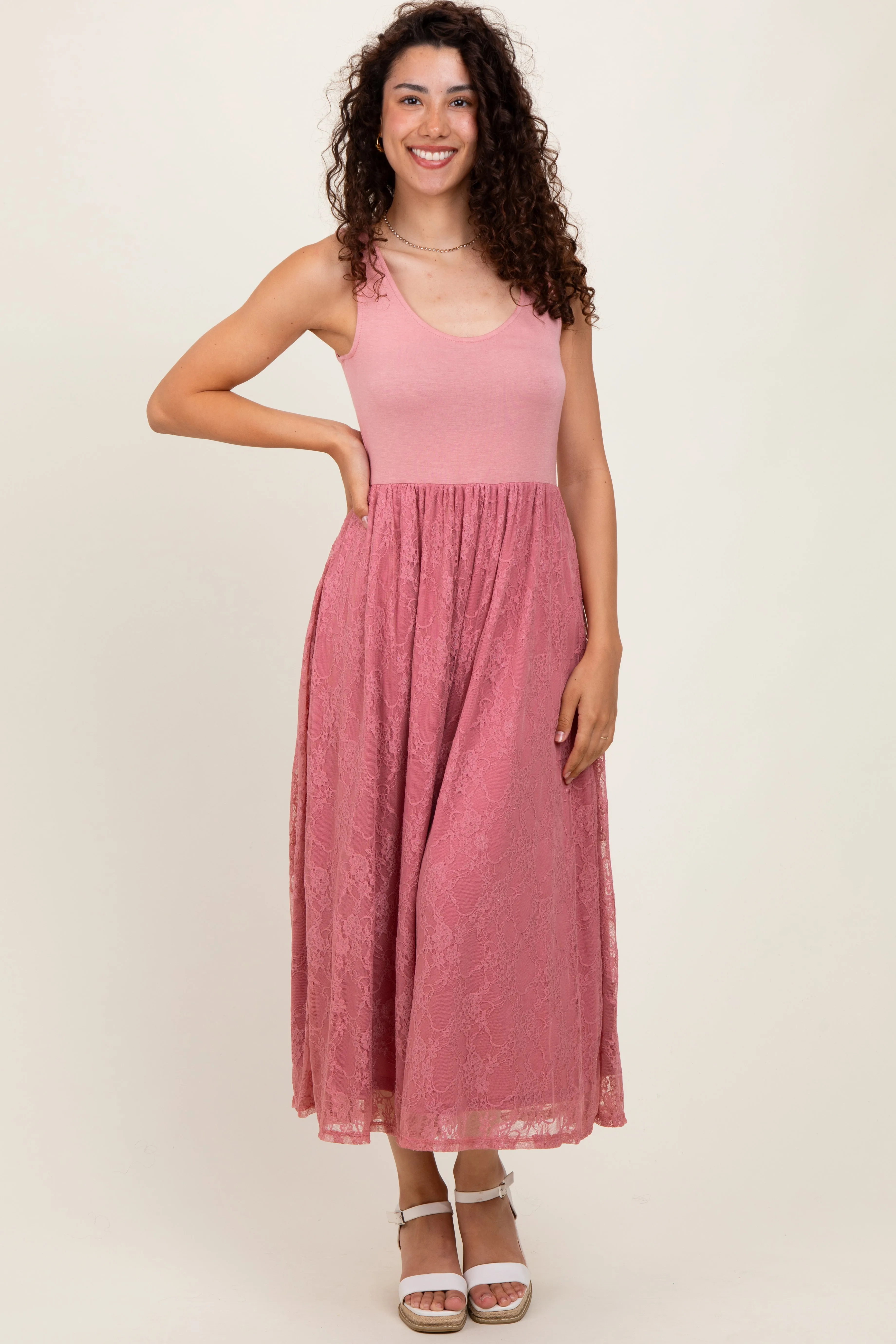 Mauve Solid Tank Top Lace Skirt Midi Dress sold by Pinkblush