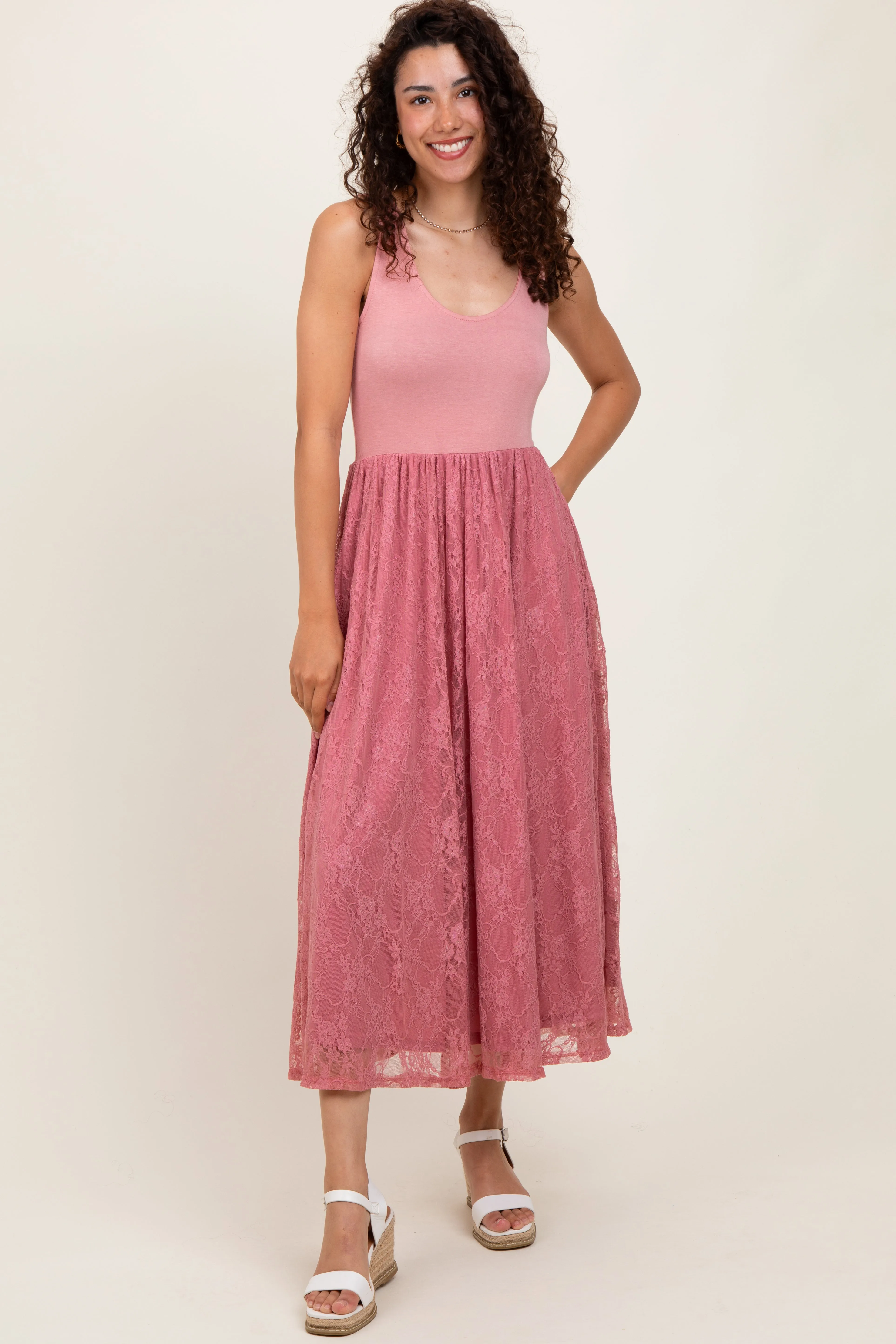 Mauve Solid Tank Top Lace Skirt Midi Dress sold by Pinkblush product image thumbnail 2