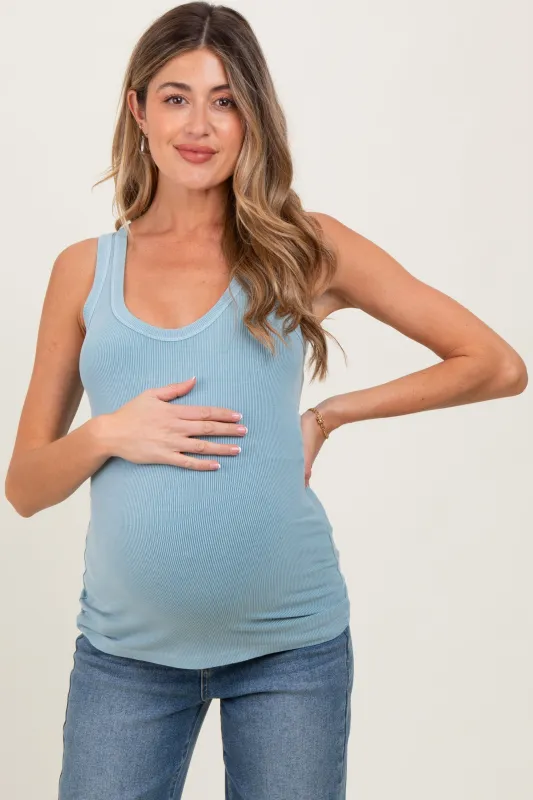 Light Blue Sleeveless Ribbed Maternity Top sold by Pinkblush