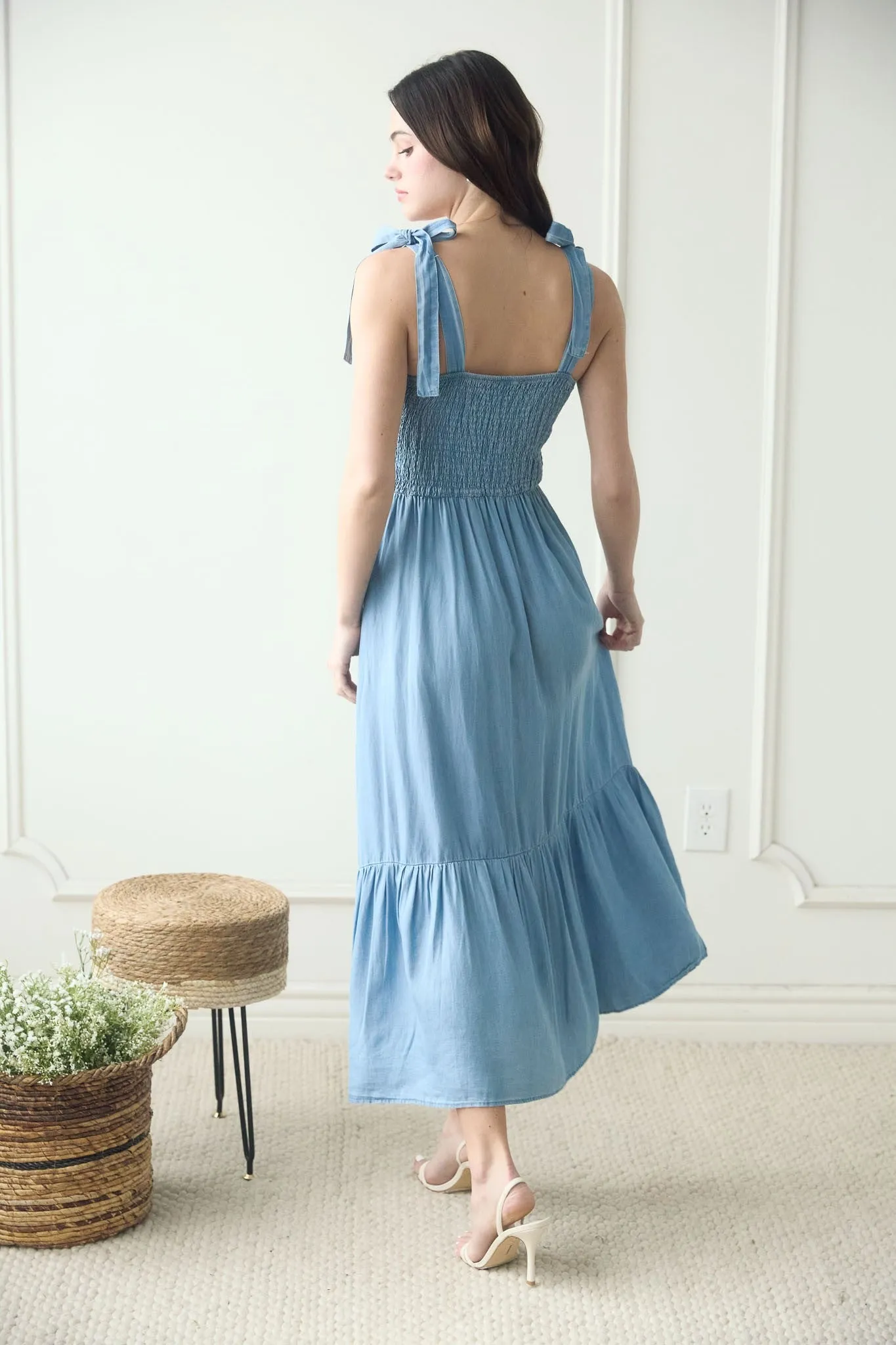 Blue Chambray Smocked Shoulder Tie Maxi Dress sold by Pinkblush product image thumbnail 3