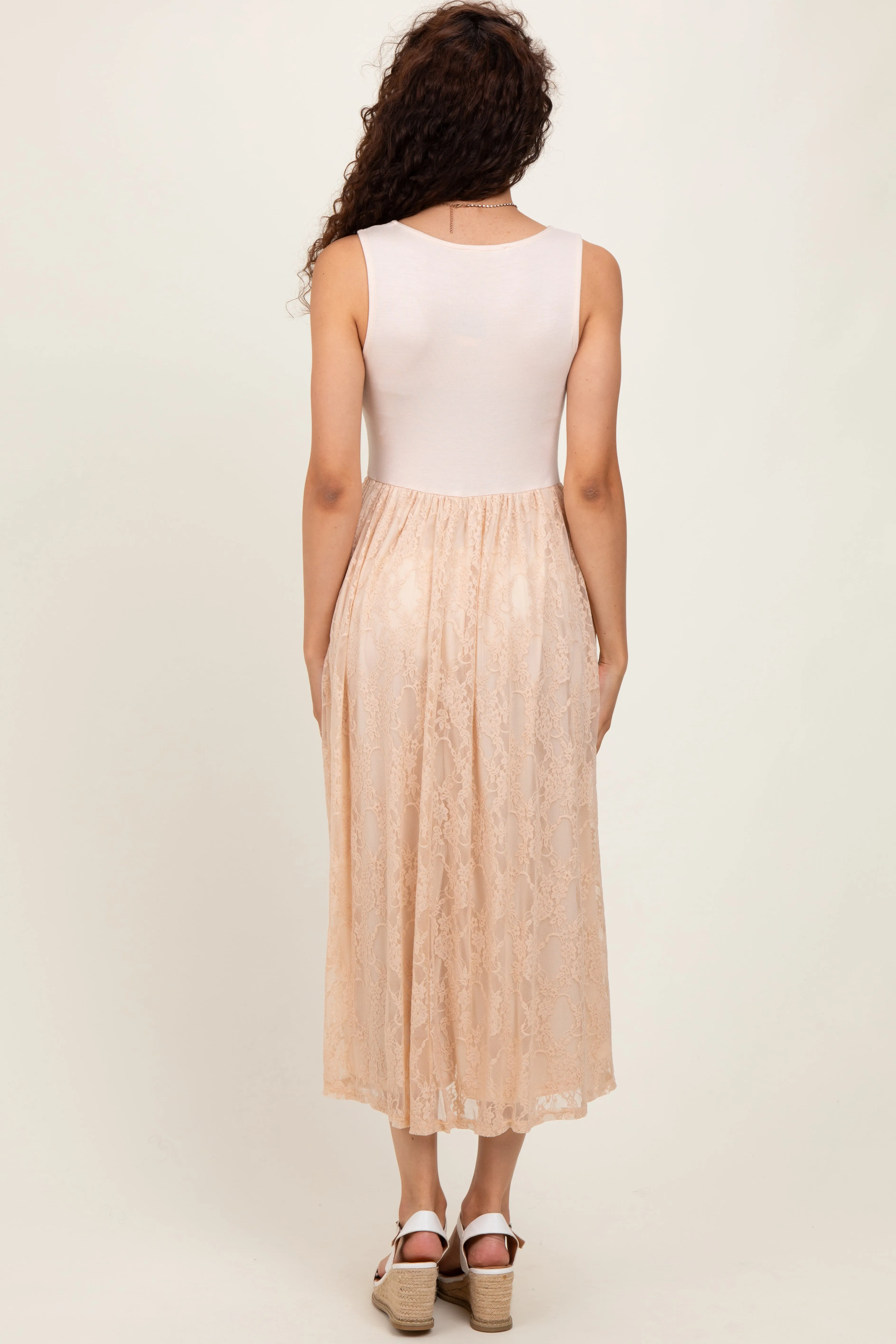 Beige Solid Tank Top Lace Skirt Midi Dress sold by Pinkblush product image thumbnail 4