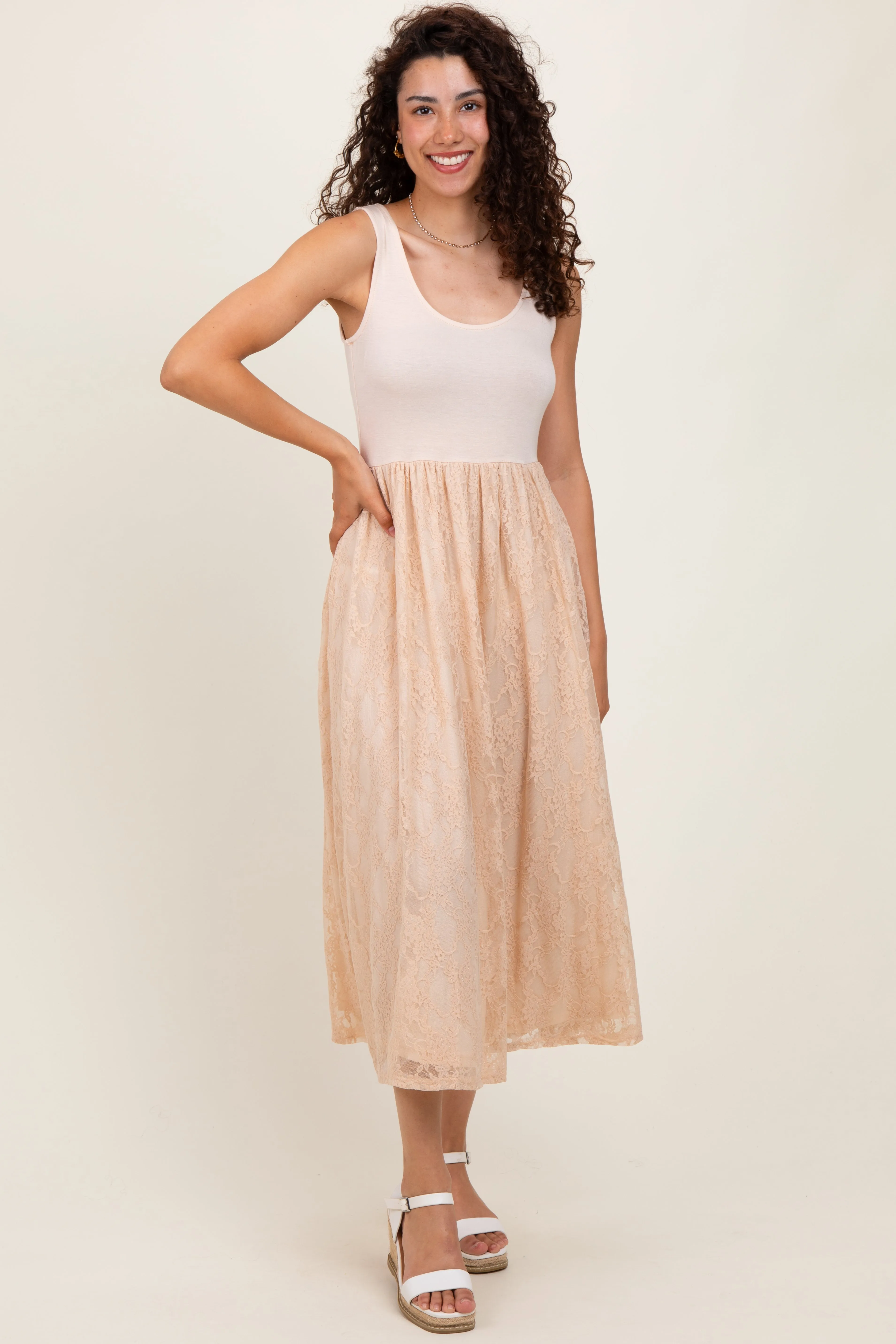Beige Solid Tank Top Lace Skirt Midi Dress sold by Pinkblush