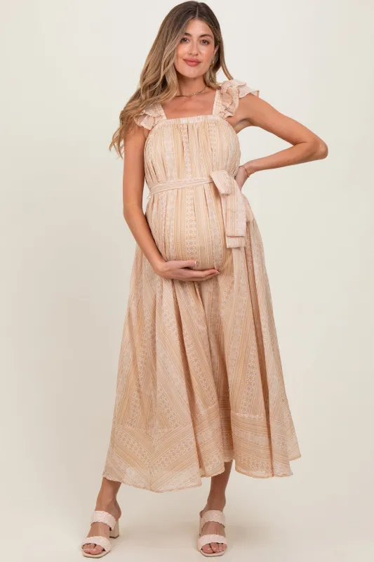 Peach Printed Ruffle Sleeve Sash Tie Maternity Midi Dress sold by Pinkblush