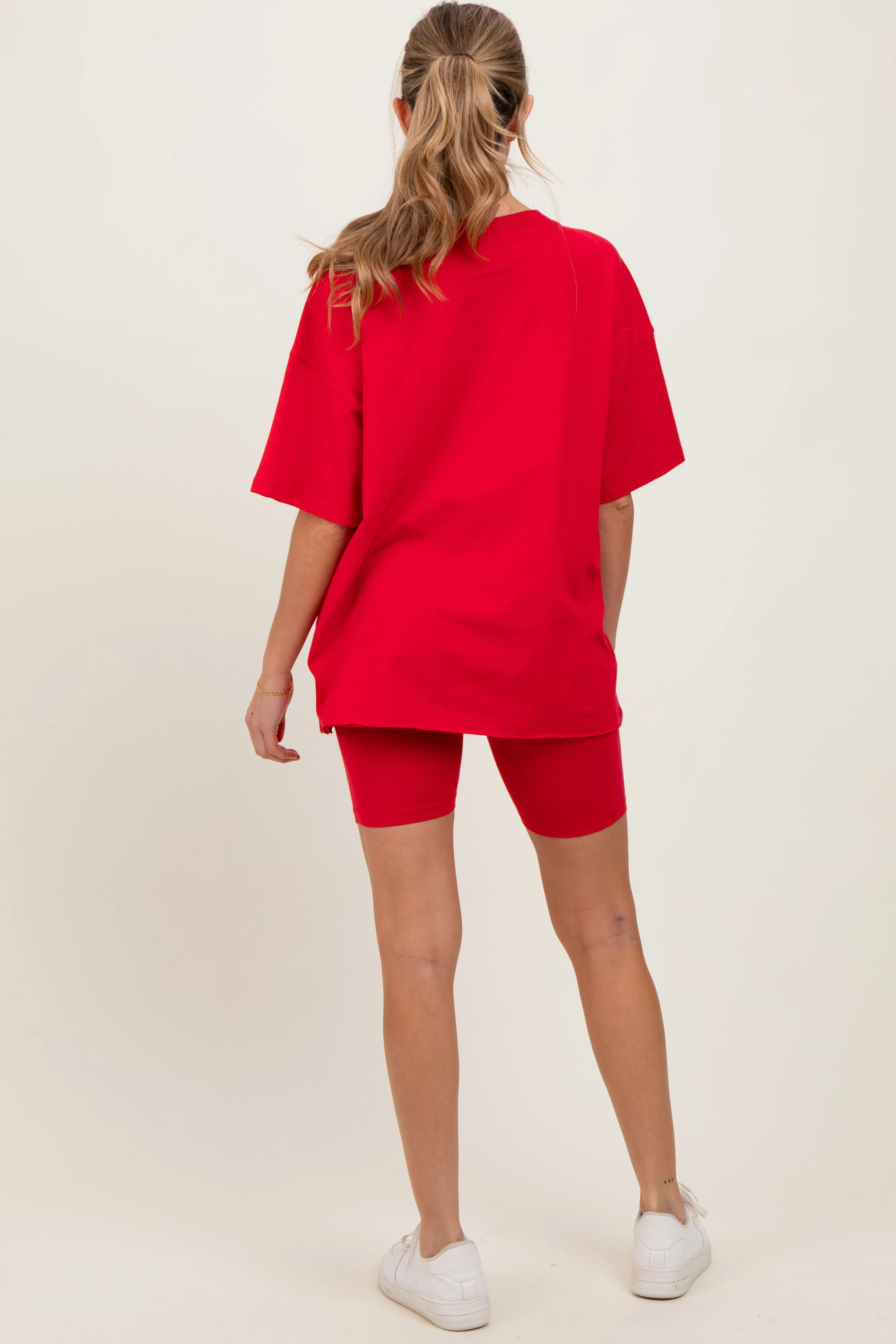 Red Oversized V-Neck Biker Short Maternity Set sold by Pinkblush product image thumbnail 4