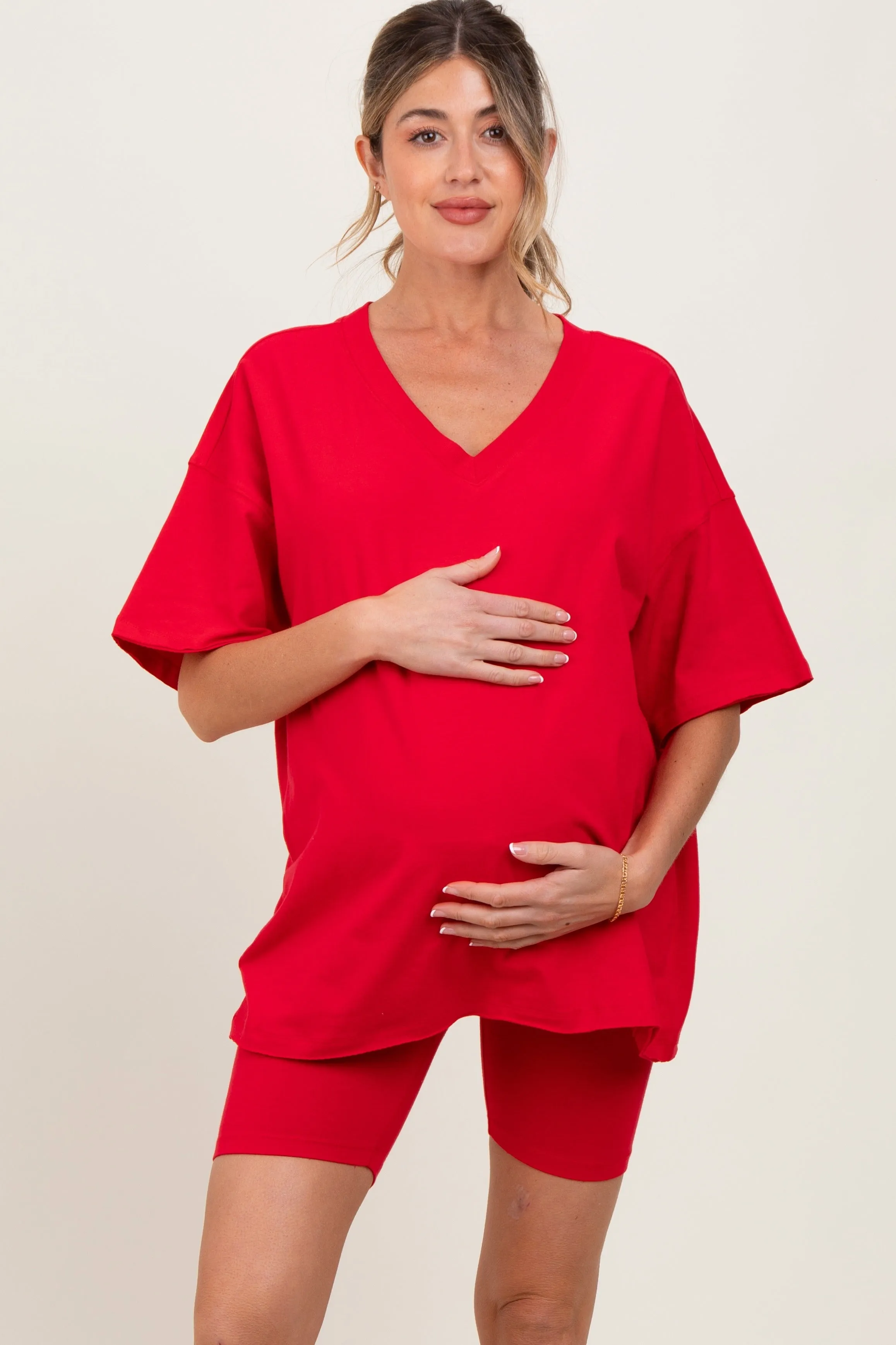 Red Oversized V-Neck Biker Short Maternity Set sold by Pinkblush