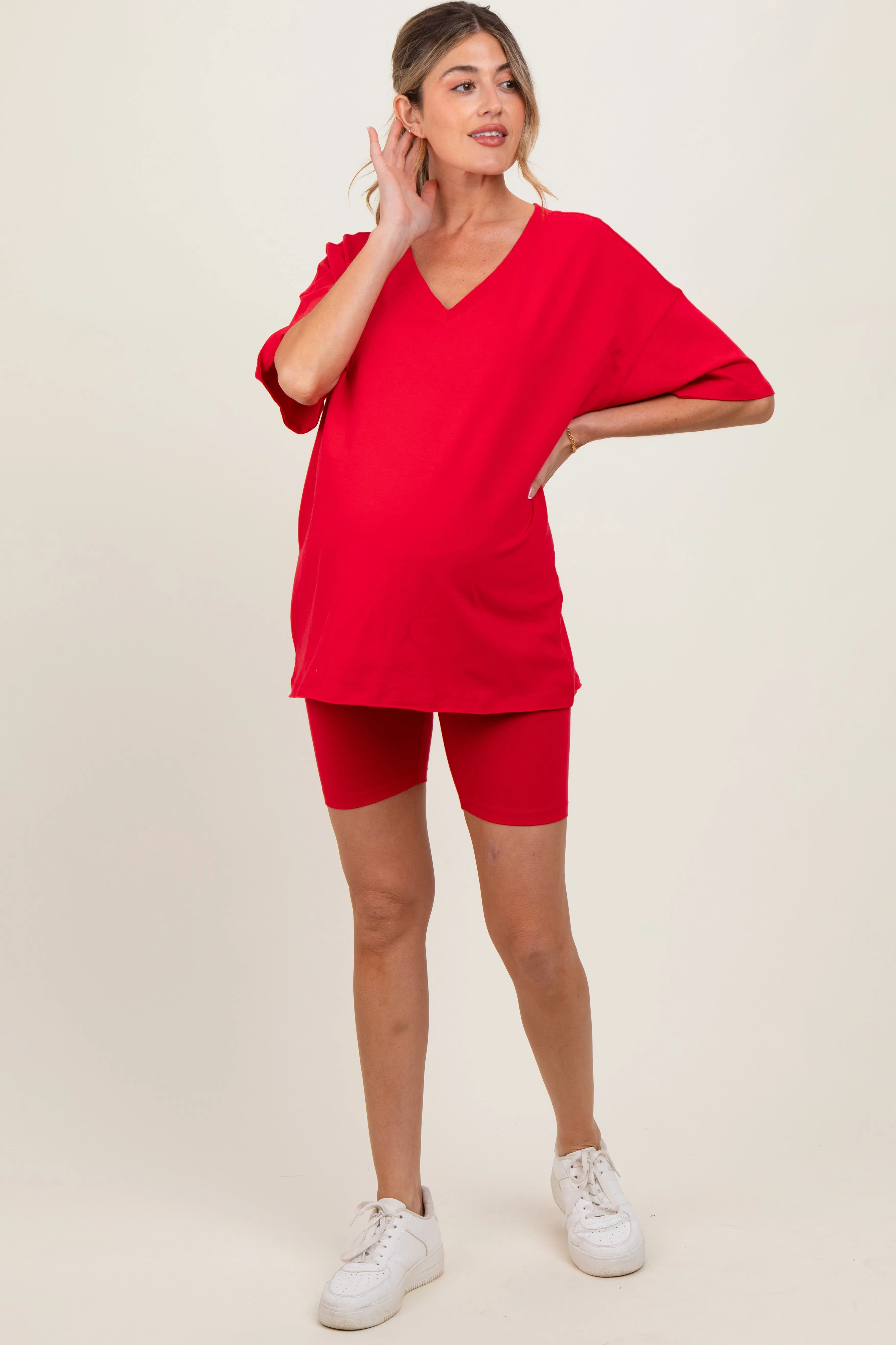 Red Oversized V-Neck Biker Short Maternity Set sold by Pinkblush product image thumbnail 2