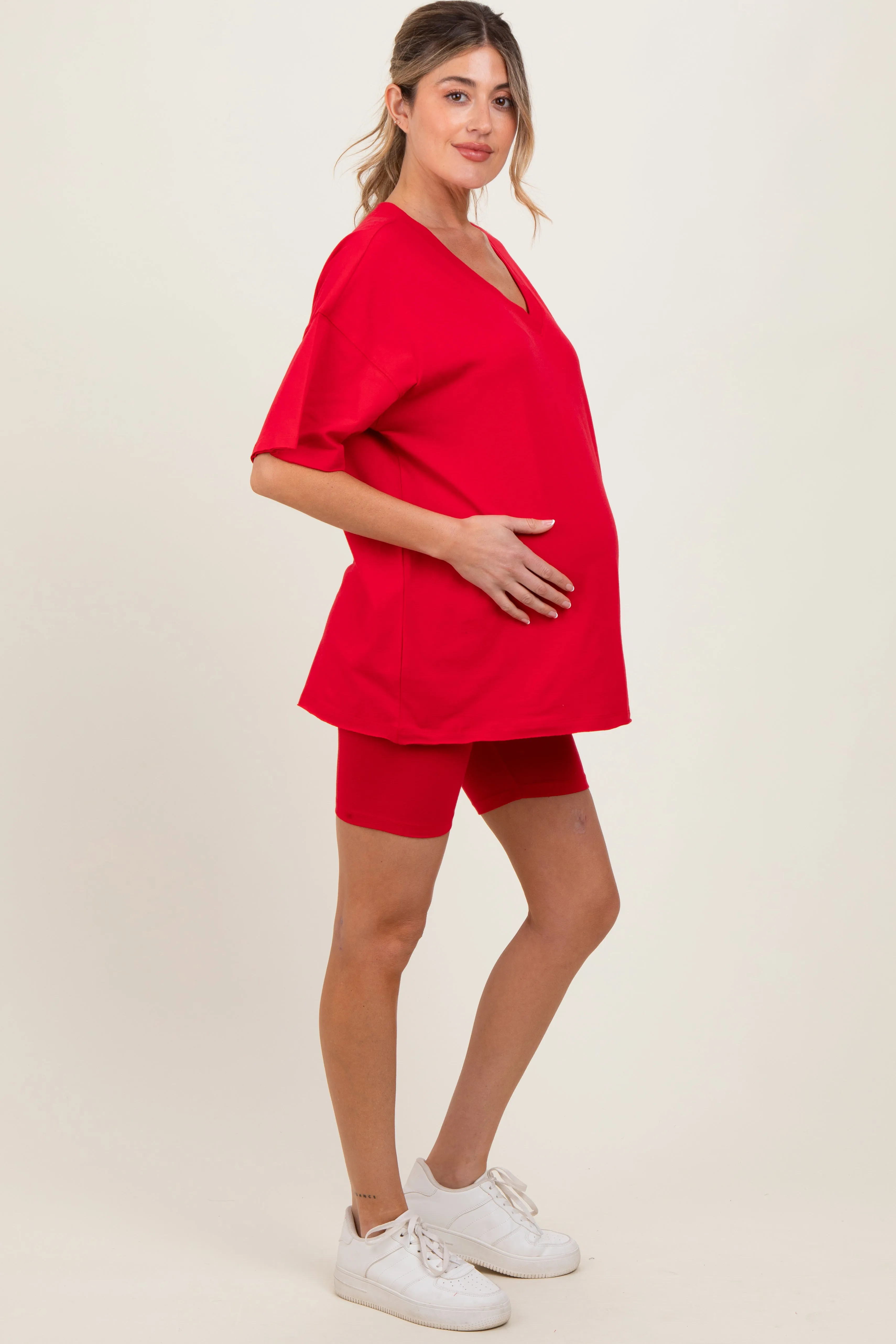 Red Oversized V-Neck Biker Short Maternity Set sold by Pinkblush product image thumbnail 3