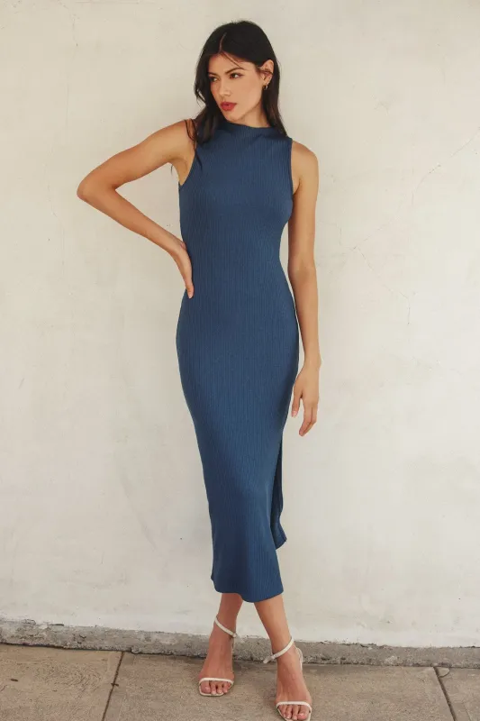 Blue Mock Neck Side Slit Midi Dress sold by Pinkblush