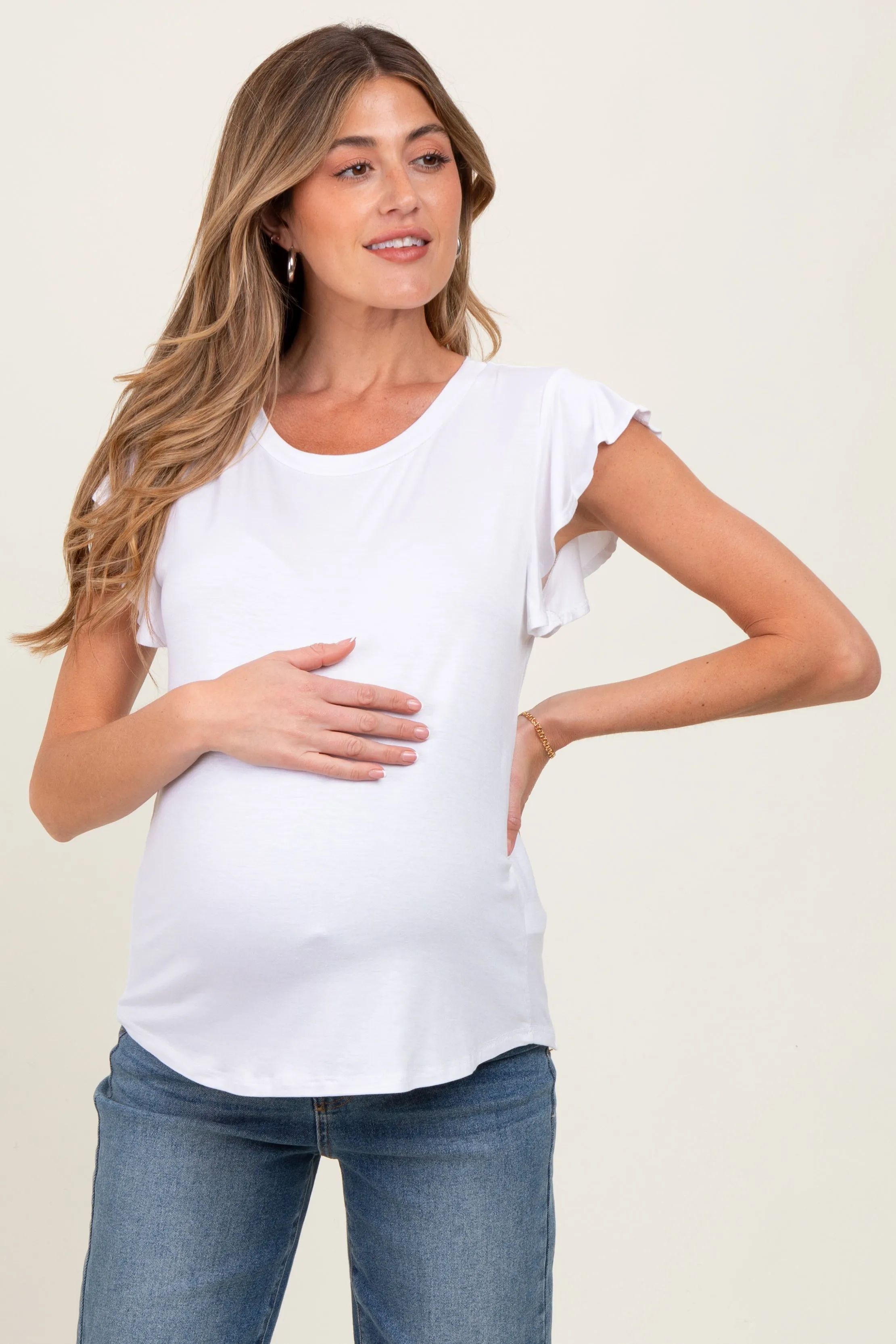 White Basic Short Flutter Sleeve Maternity Tee sold by Pinkblush