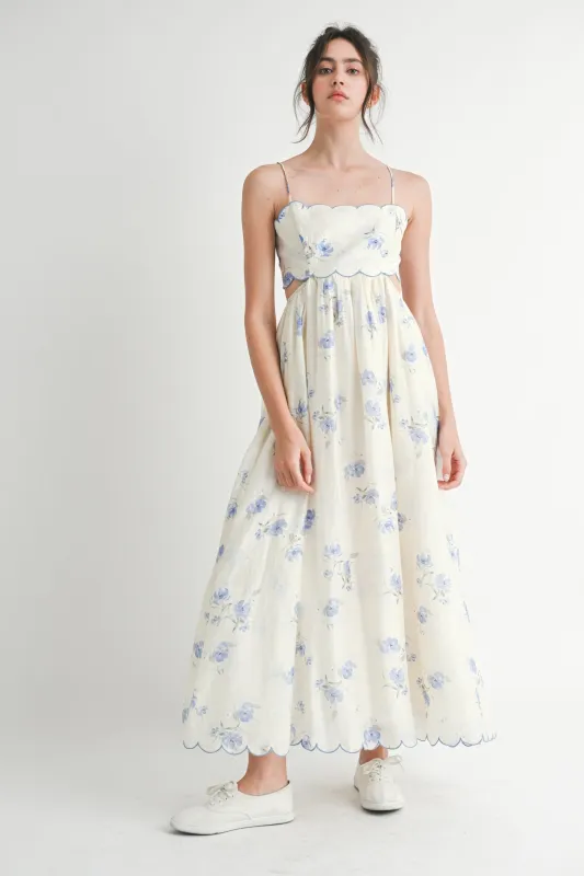 Blue Floral Scallop Edge Back Cutout Maxi Dress sold by Pinkblush