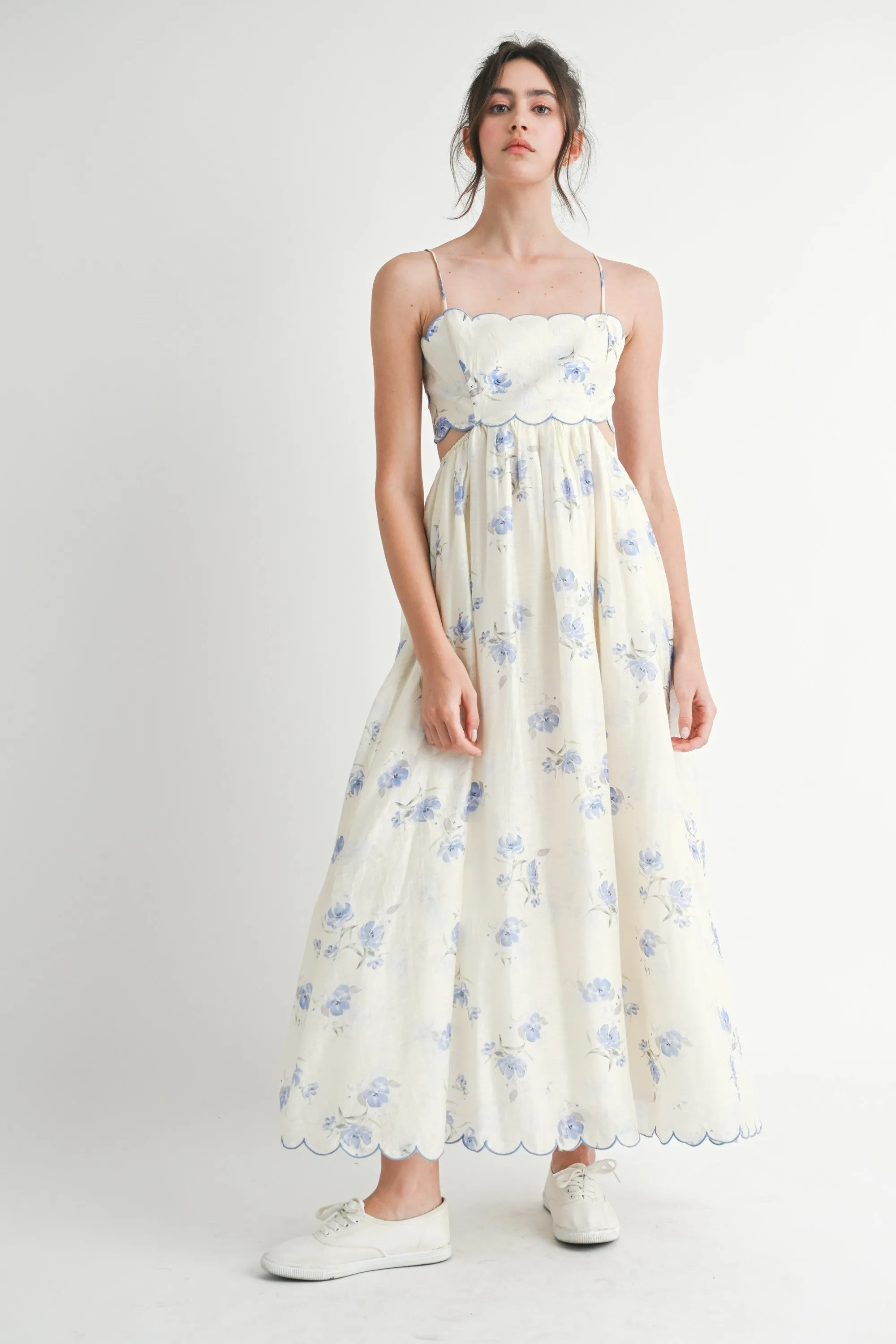 Blue Floral Scallop Edge Back Cutout Maxi Dress sold by Pinkblush
