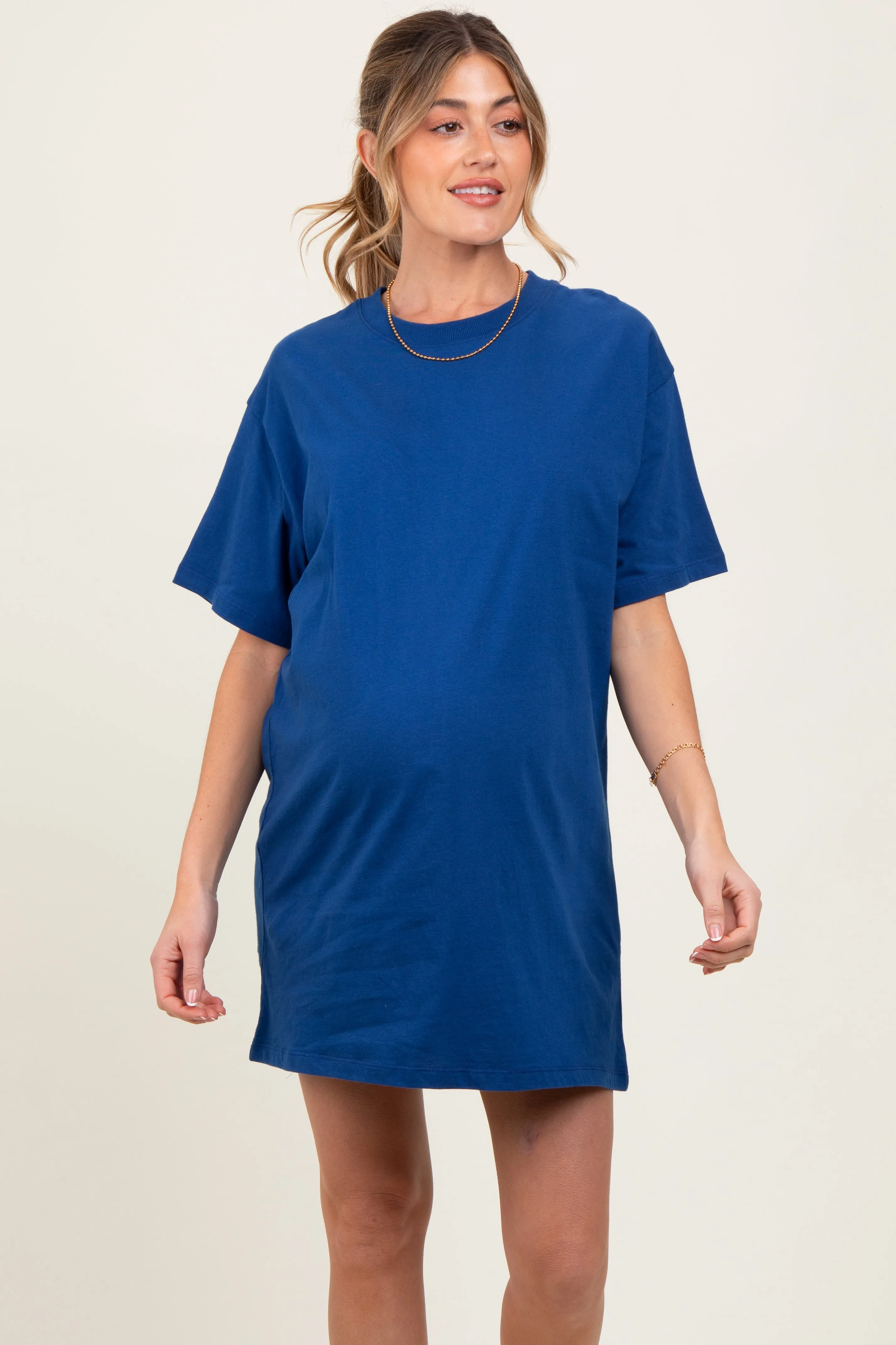 Light Navy Crewneck Short Sleeve Maternity T-Shirt Dress sold by Pinkblush