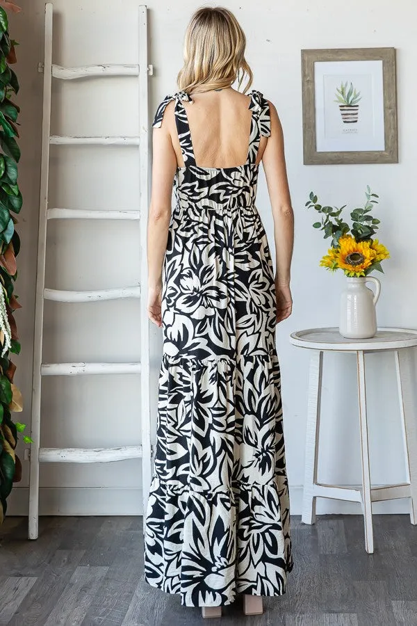 Black Floral Shoulder Tie Tiered Maxi Dress sold by Pinkblush product image thumbnail 4