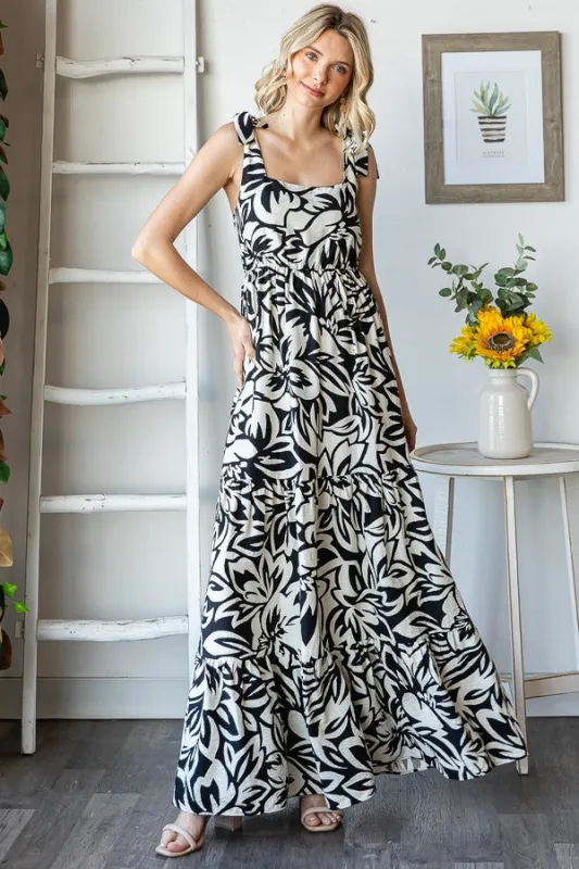Black Floral Shoulder Tie Tiered Maxi Dress sold by Pinkblush