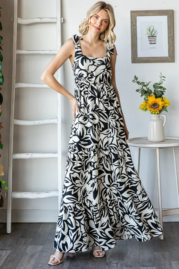 Black Floral Shoulder Tie Tiered Maxi Dress sold by Pinkblush