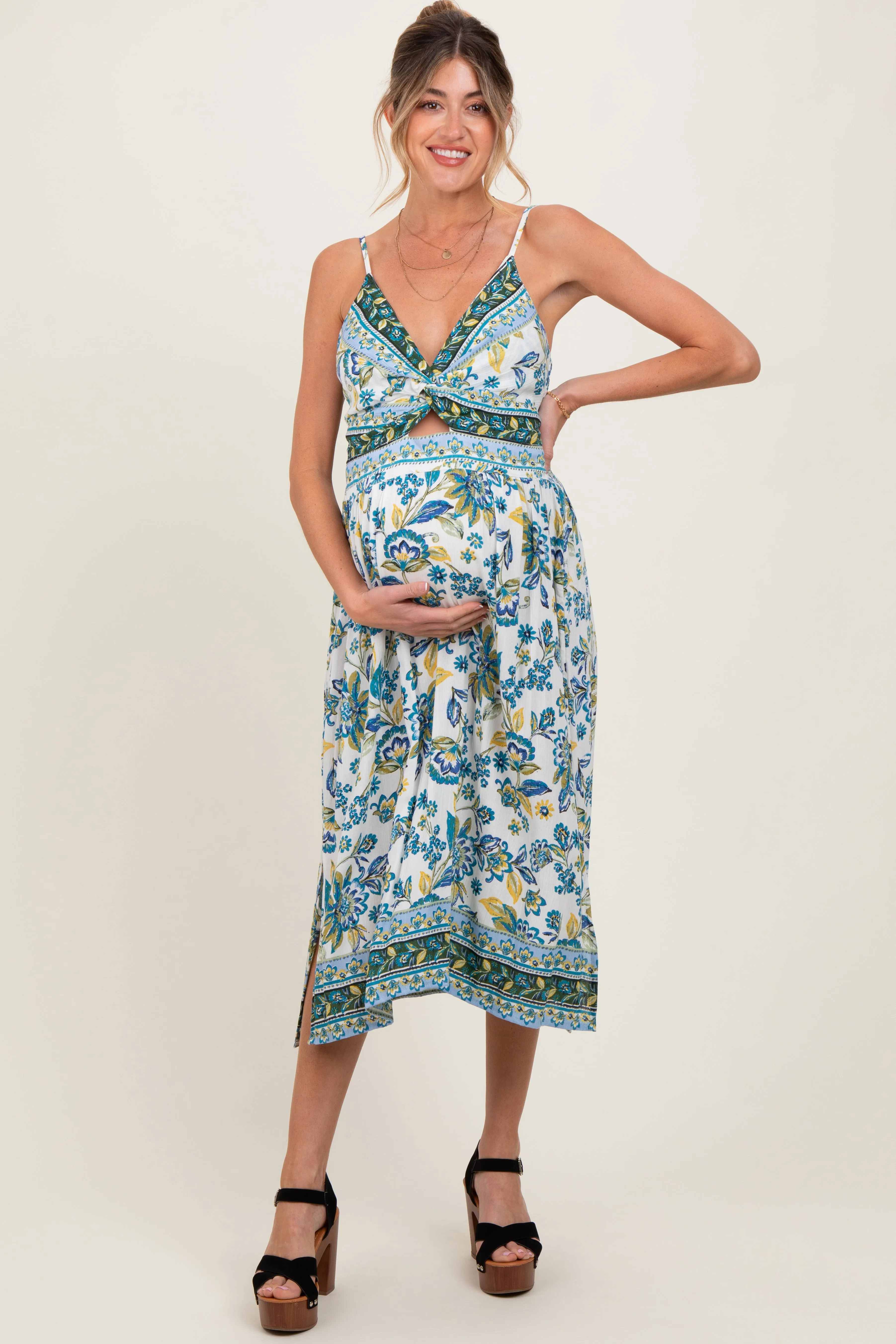 Blue Floral Border Print Cutout Maternity Midi Dress sold by Pinkblush product image thumbnail 2